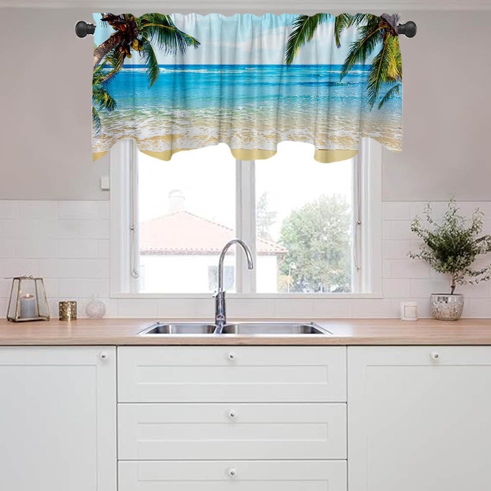 54×18 Inches Blue Sea Seaside Window Treatment Valance Coconut Tree Fine Summer