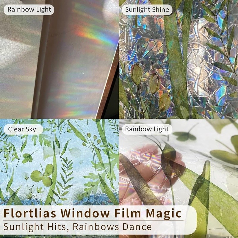 Rainbow Window Film Static Cling Nature Leaf Pattern Sunlight Privacy Decor New