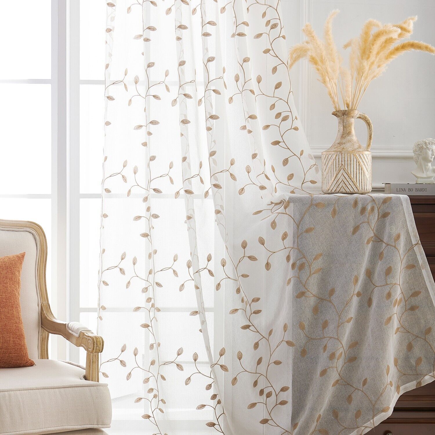 2 Panels Embroidered Leaves Semi Sheer Voile Window Curtains Drapes Living Room