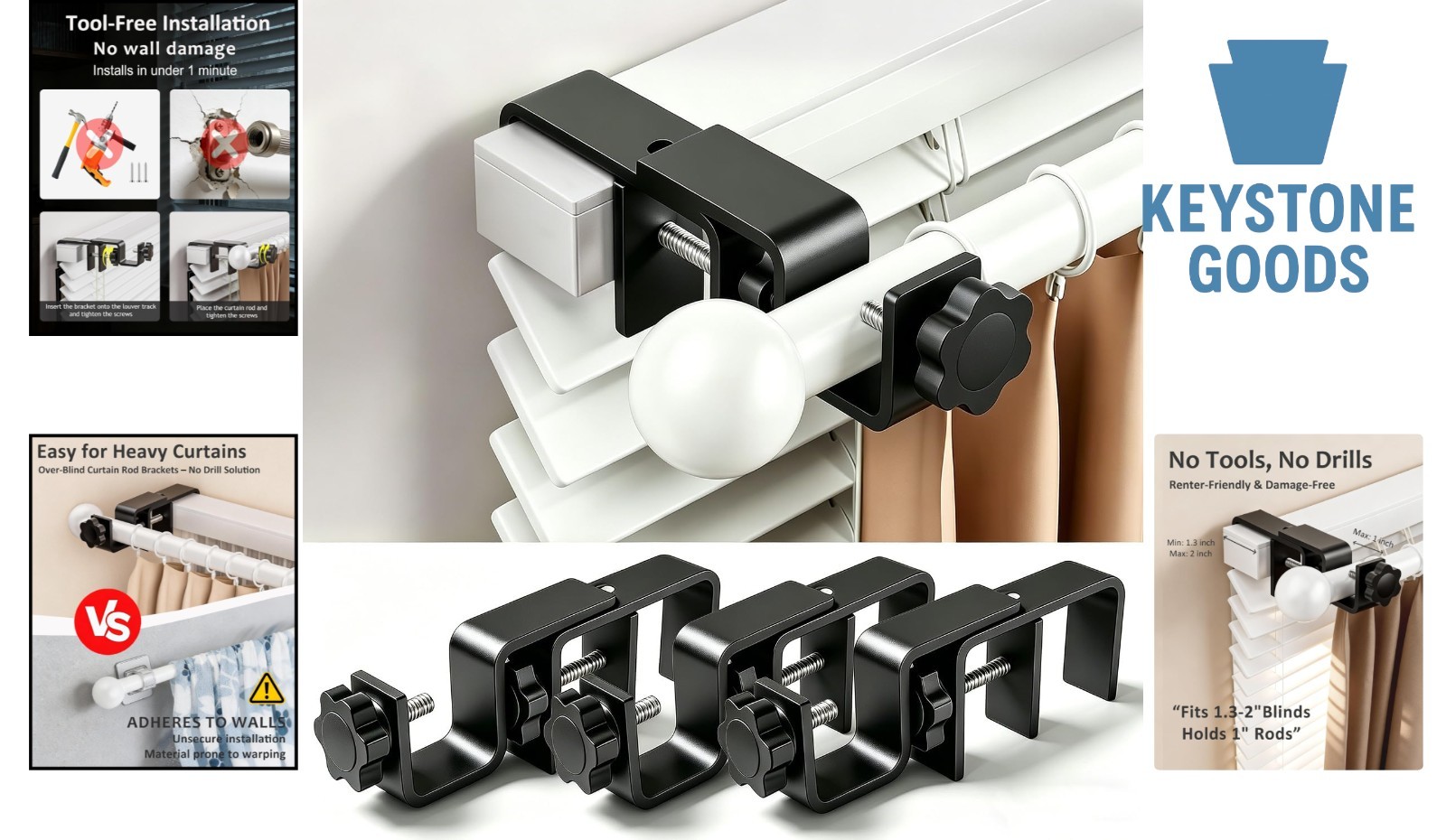 Black No-Drill Curtain Bracket Set for Outside-Mount Blinds, 3-Pack