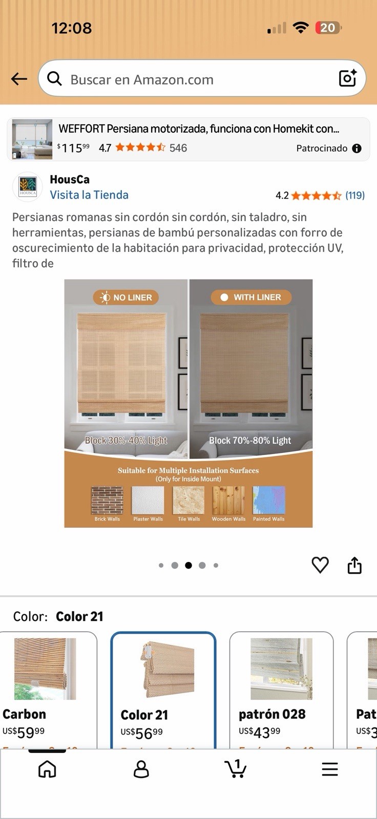 HousCa Bamboo Cordless Roman Shade Light Filtering/Blackout Beige Inside Mount