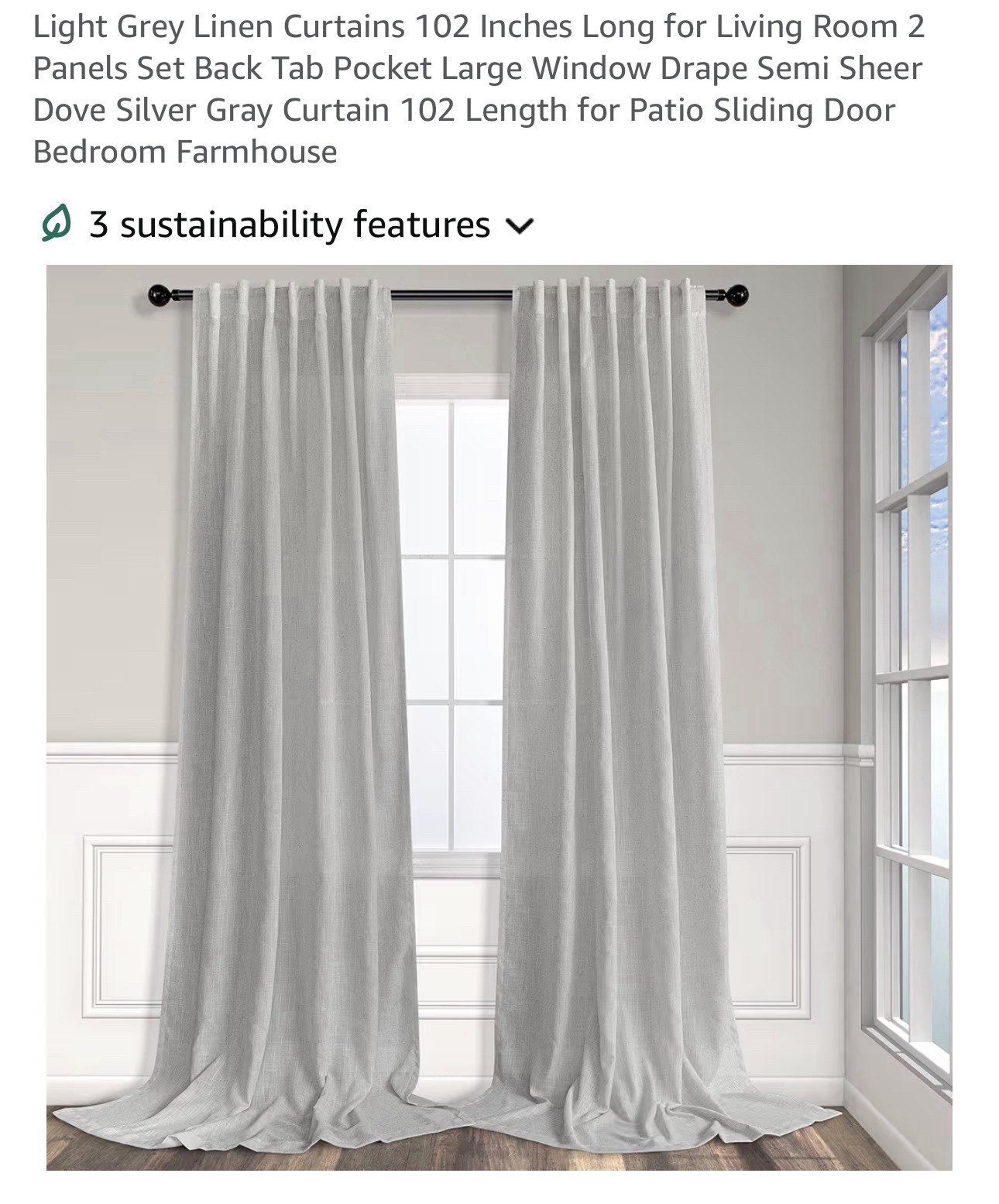 Light Gray Linen Light Filtering Curtain Panels 102 in, 2, Back Tab Rod Pocket