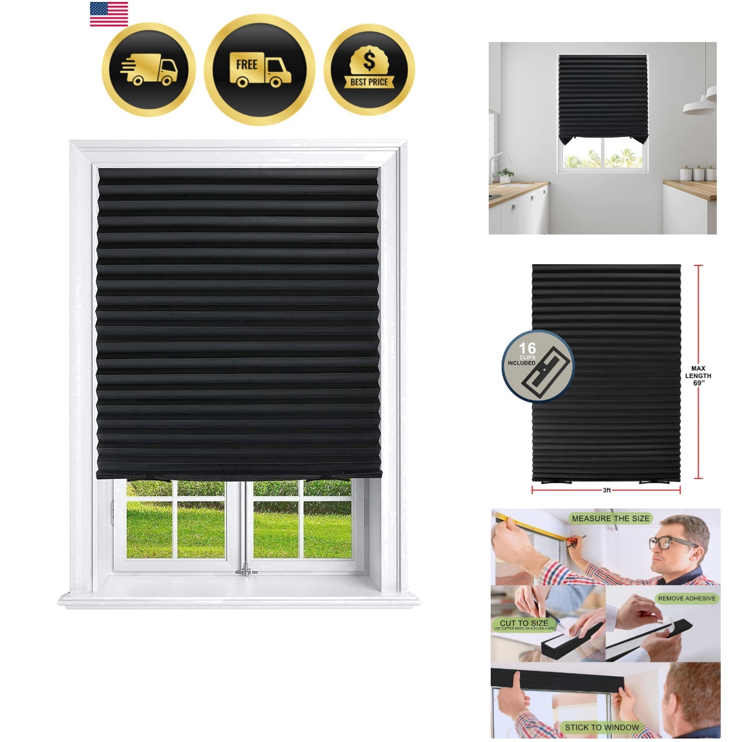Pleated Window Paper Shades Room Darkening Blinds Black 36″ x 69″ Pack of 6 T…