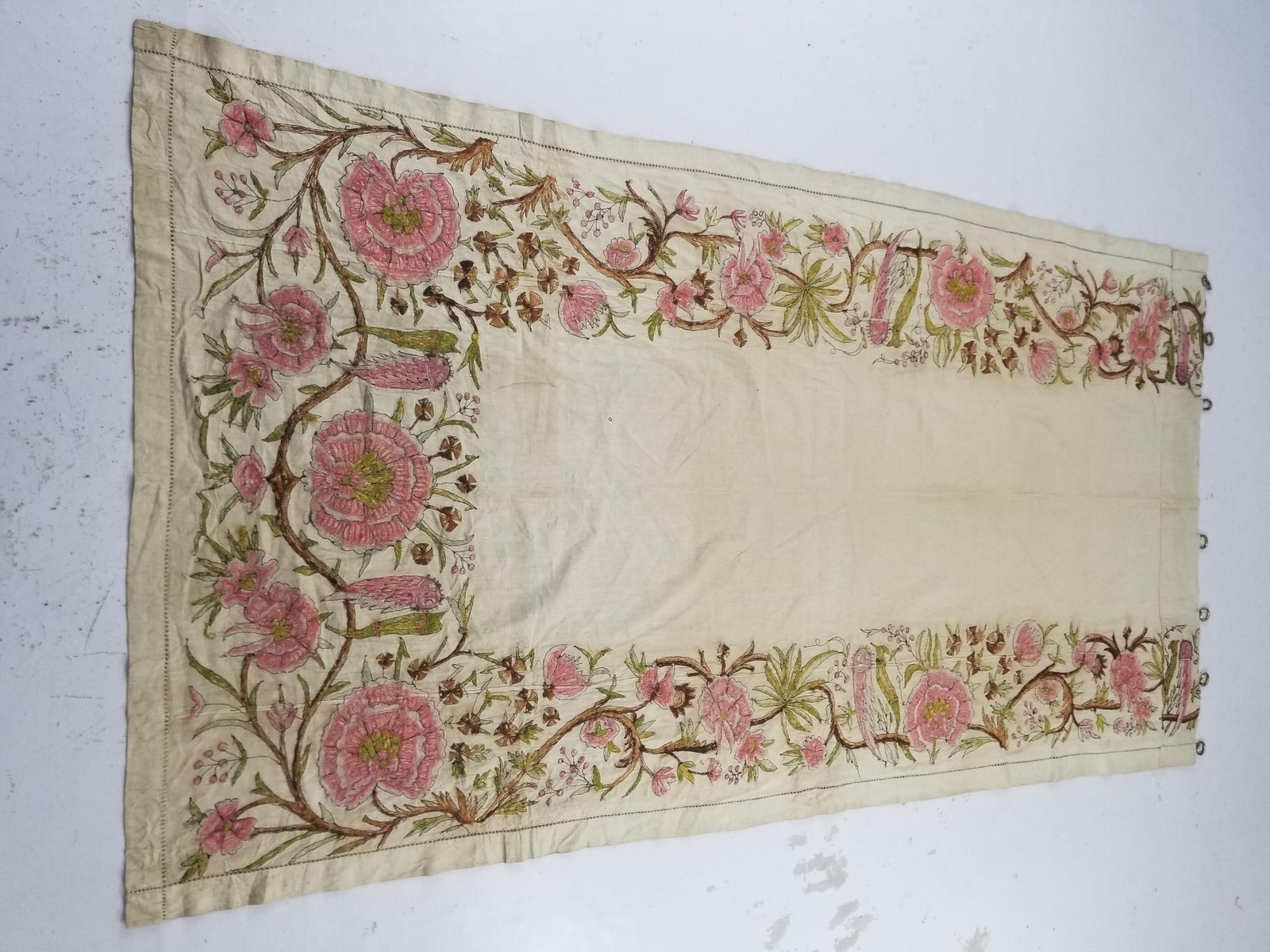 Antique Central Asian Uzbek Hand Embroidered Floral & Bird Curtain Panel 82x44in