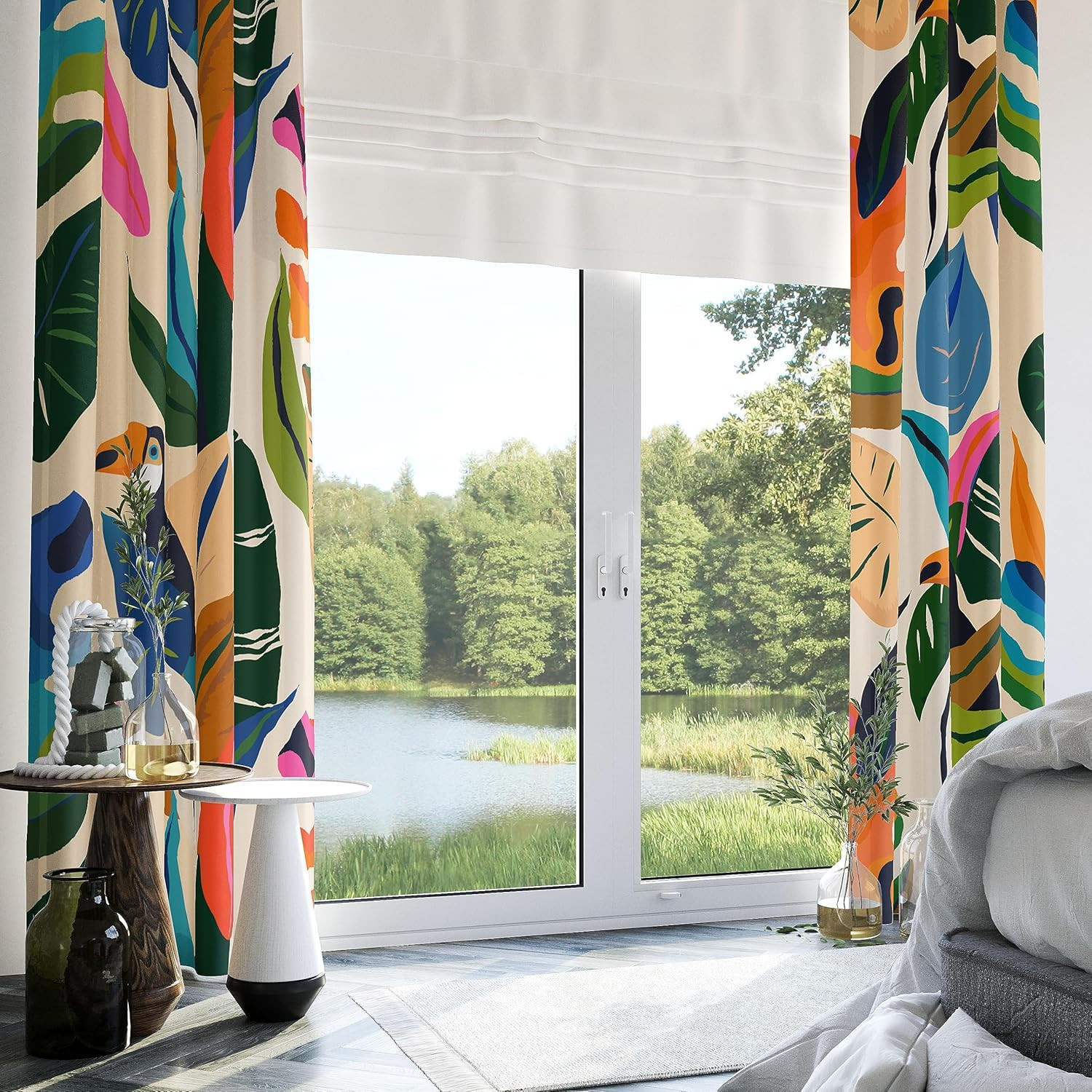 Colorful Tropical Plant Curtains Abstract Palm Leaf Window Treatments 84 Inch Lo