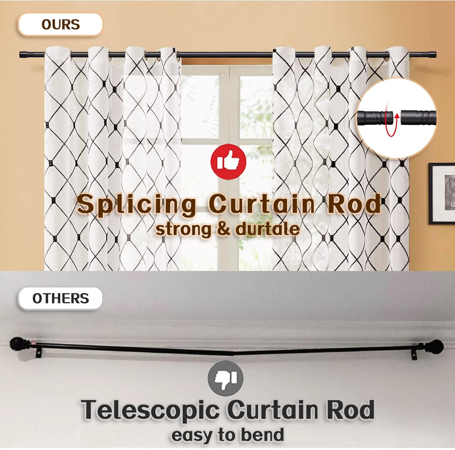Matte Black Curtain Rod 23″ to 81″ 5/8″ Heavy Duty Window Drapery Rod