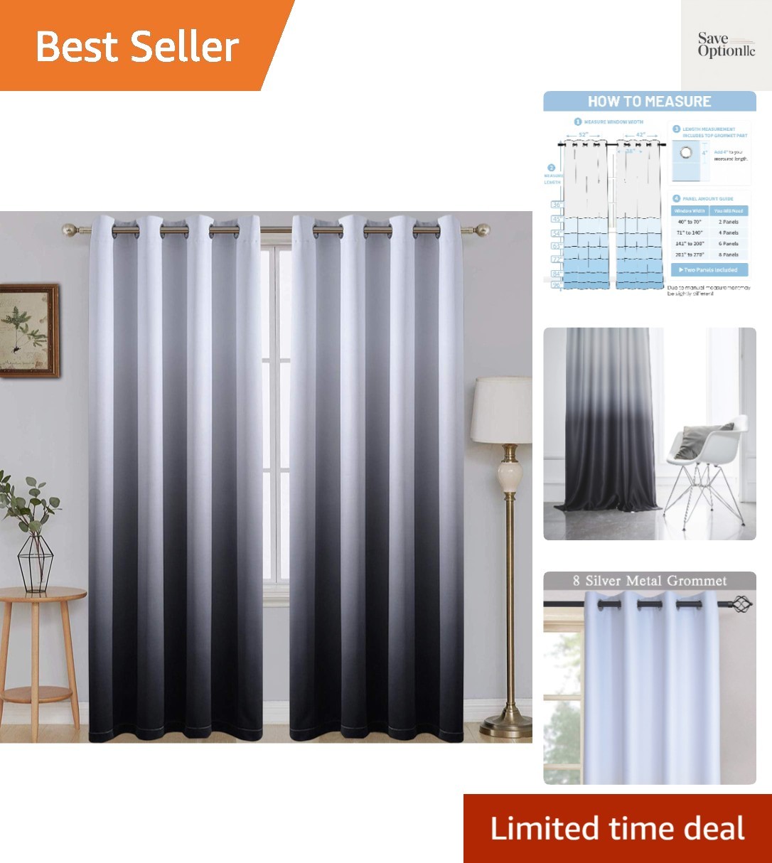 Ombre Gradient Black White to Gray Curtains for Bedroom,52Wx84L