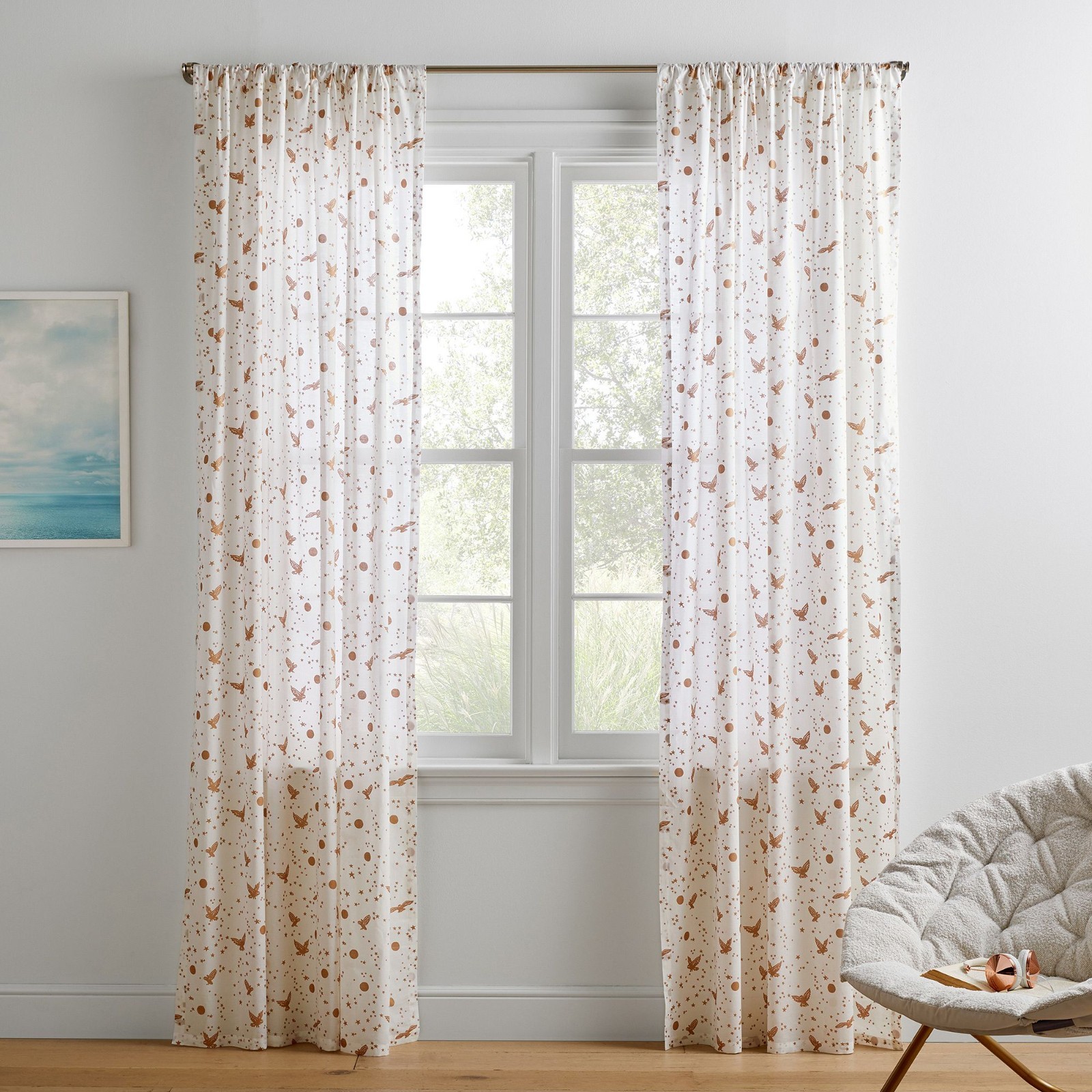 Pottery Barn Harry Potter Enchanted Night Sky Sheer Curtain Ivory Gold Owl 52×84