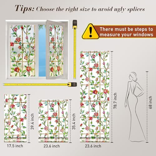 Stained Glass Window Privacy Film:3D Rose Bathroom 16.9 x 39.4IN Red
