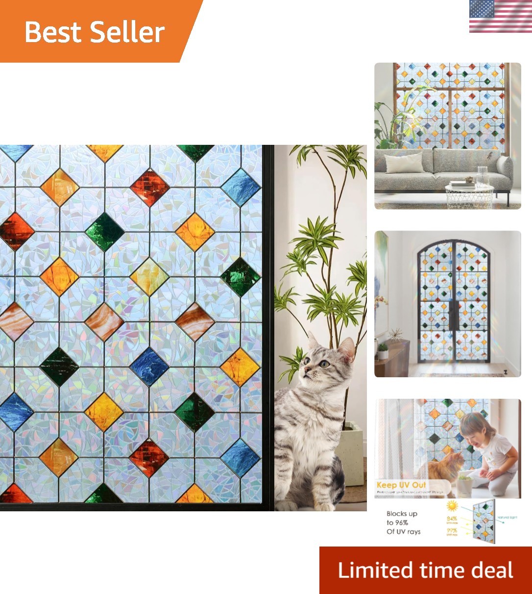 DKTIE Colorful Gem Lattice Pattern Decorative Window Privacy Film Rainbow Staine