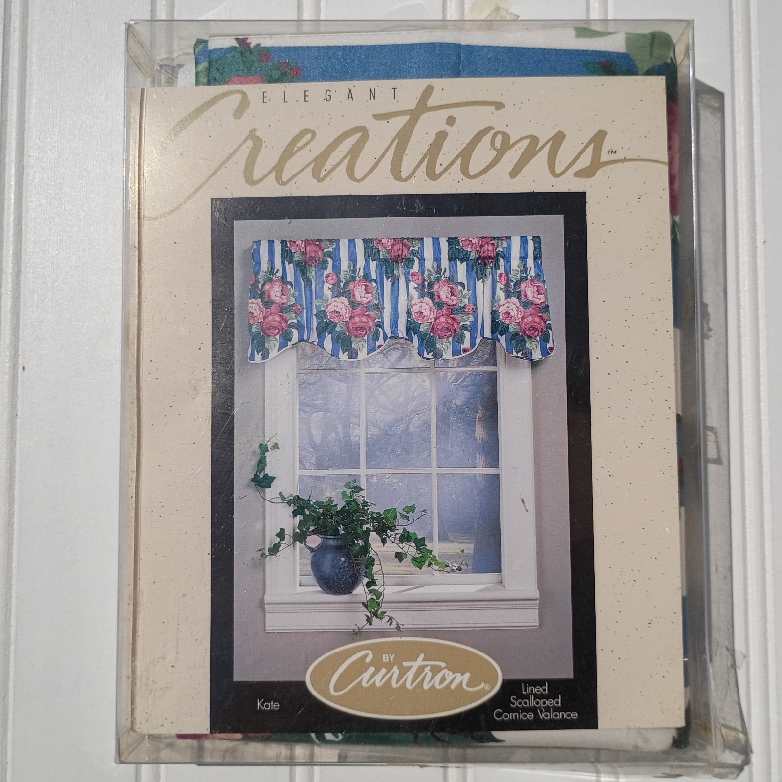 CURTRON Curtain Valance Elegant Creations Scalloped Kate Rose Blue Stripe 90s