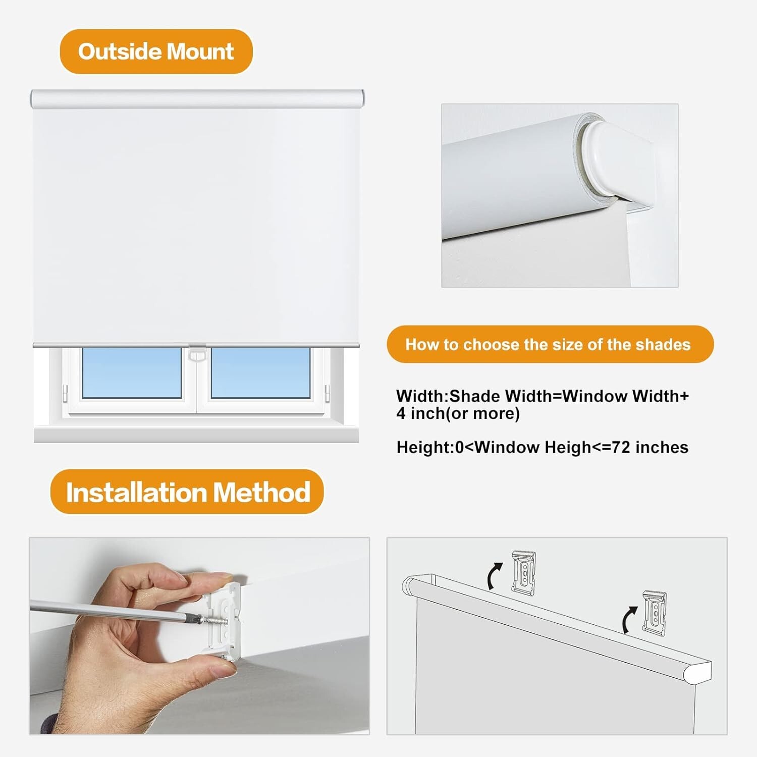 Sheer Shades Cordless Window Blinds 100% Blackout Roller Shades 30W x 72H White