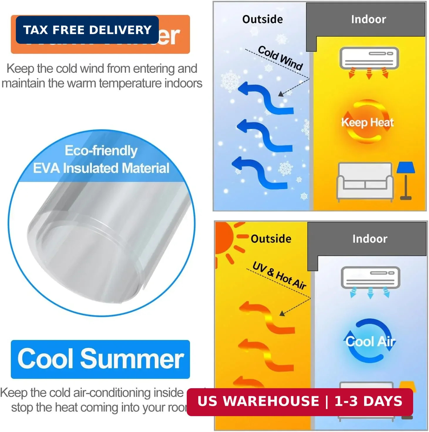 RELIANCER Magnetic Thermal Insulated Door Curtain,Waterproof EVA Door Cover,Fit