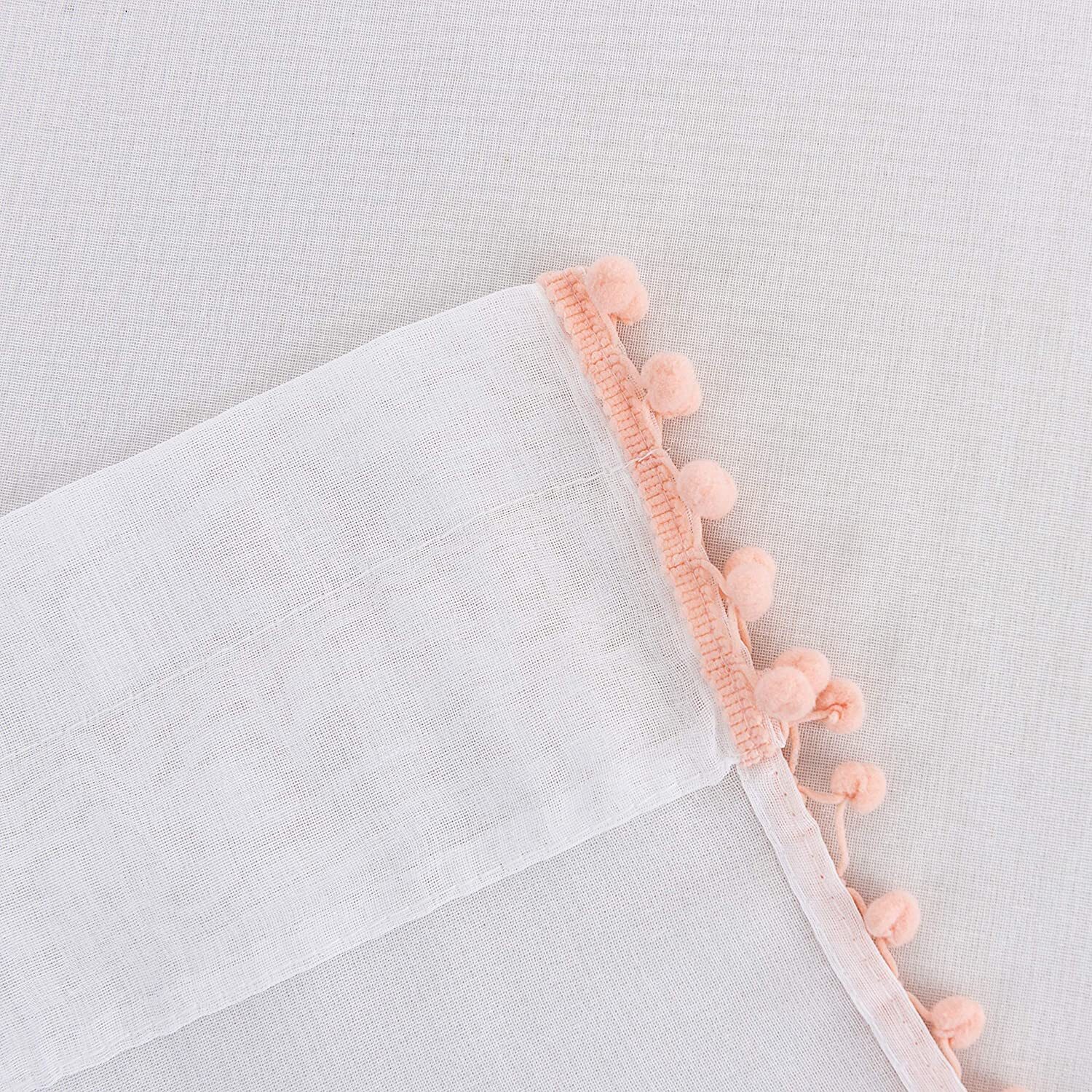 Set 2 Sheer White Pink Pom Pom Trim Curtains Panels Drapes 63 72 84 95 108 in L