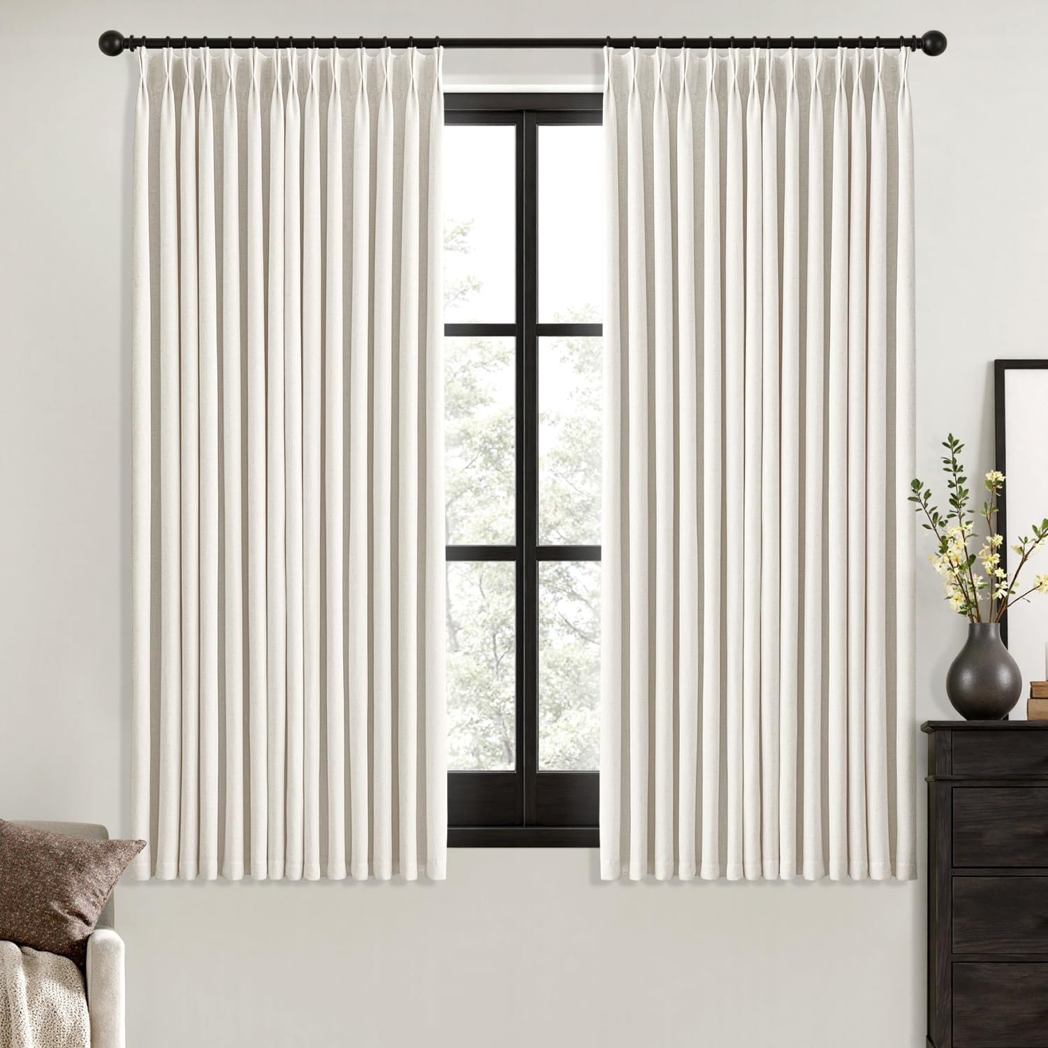 Natural Pinch Pleated 100% Blackout Linen Curtains 90 Inch Length 2 Panels Set,