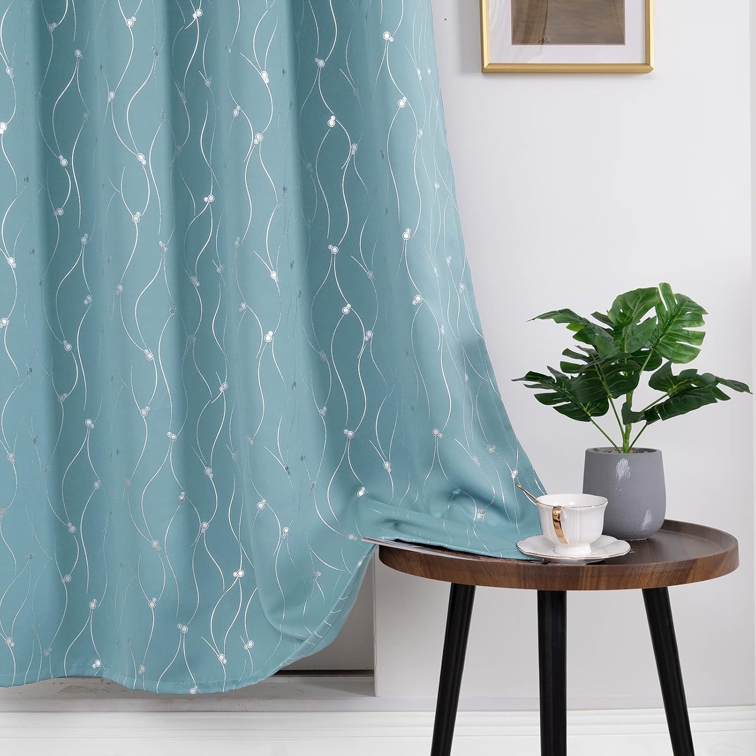 Luxurious Wave Line & Dots Blackout Drapes – 52 x 72 Inch Panels in Aqua