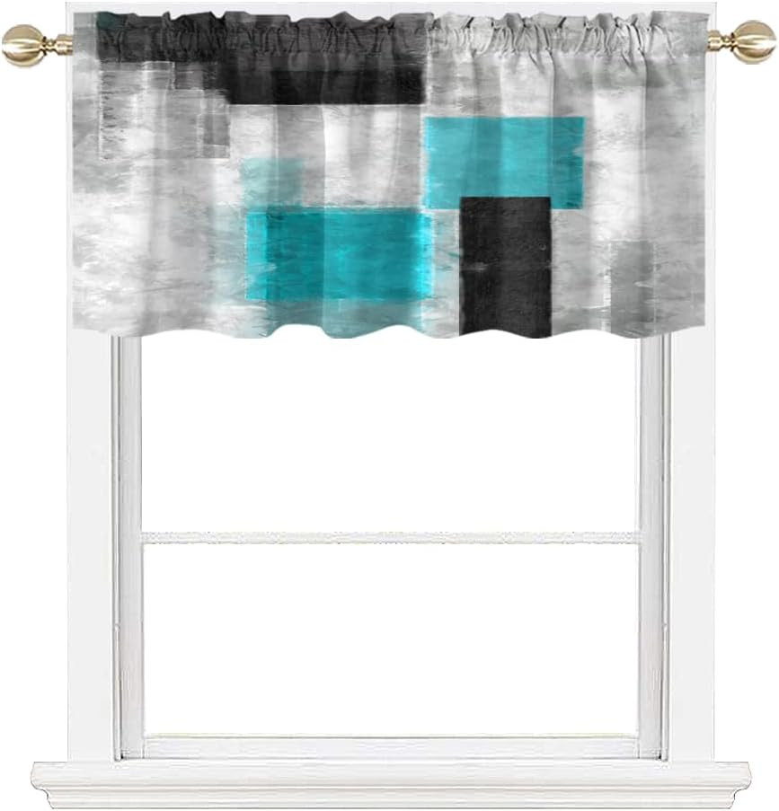 Teal Kitchen Valance Curtain for Window Black and White Modern Turquoise Aqua Gr