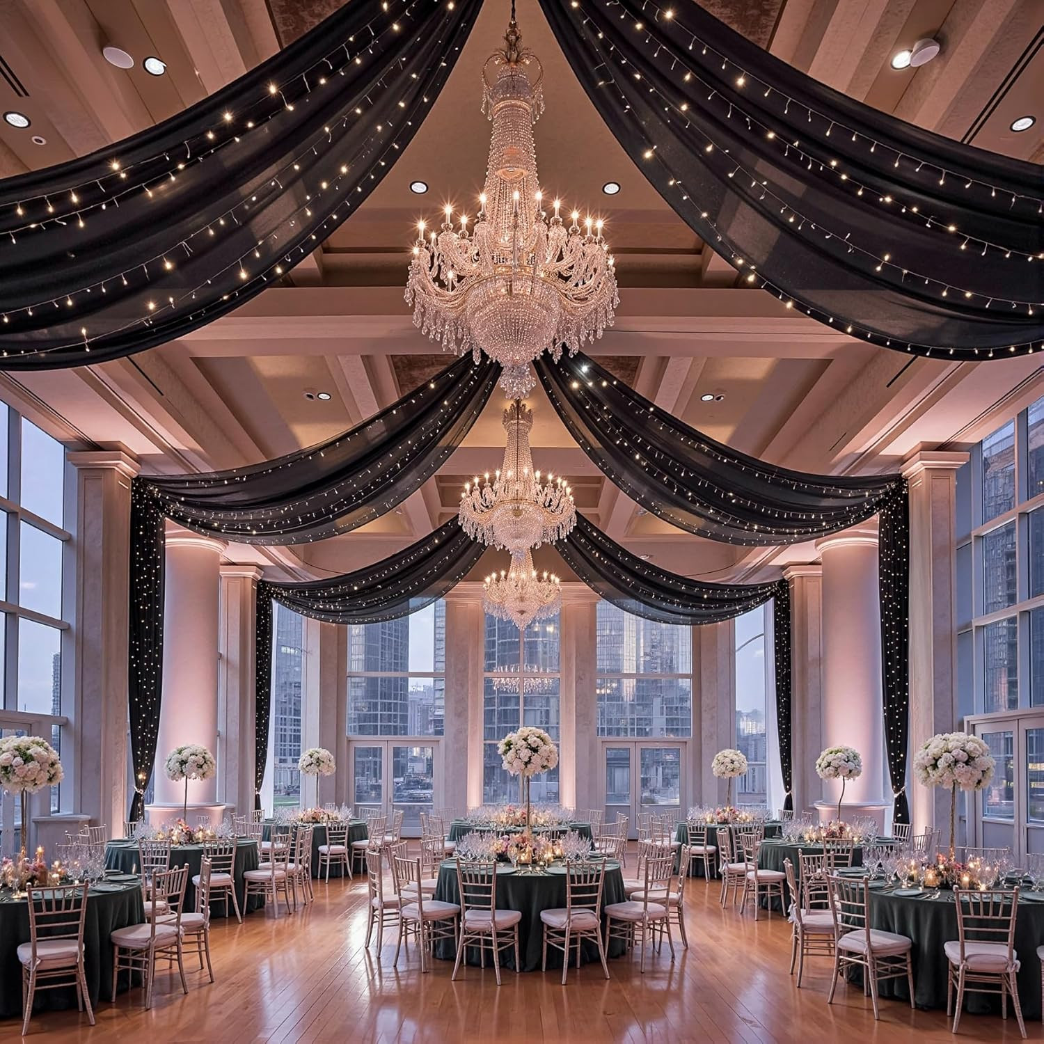 Black Ceiling Curtains with Lights – 6 Panels Tulle Drapes for Weddings 5x20ft
