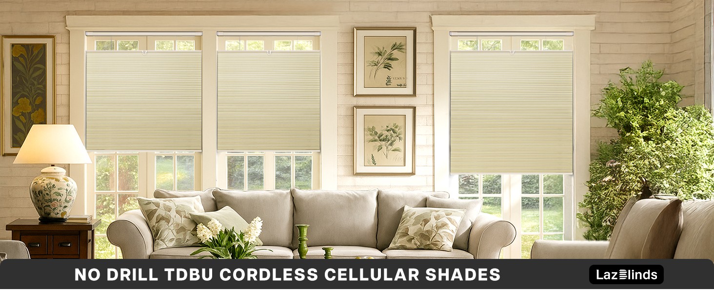 Lazblinds No Drill TDBU Cellular Shades, 45″ W x 72″ H, White | Blackout