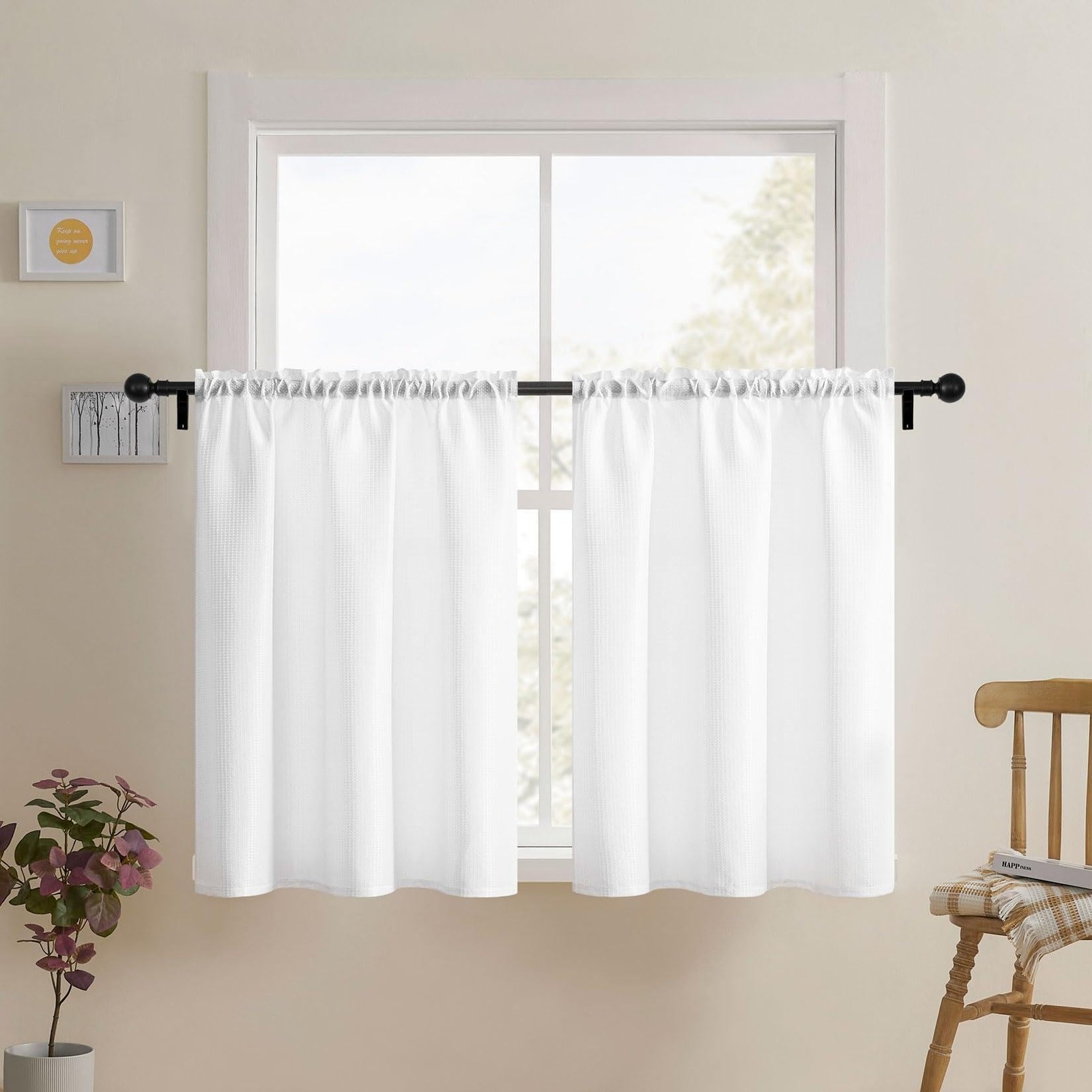 White Waffle Bathroom Window Curtains, Water Repellent Rod Pocket Kitchen Dra…