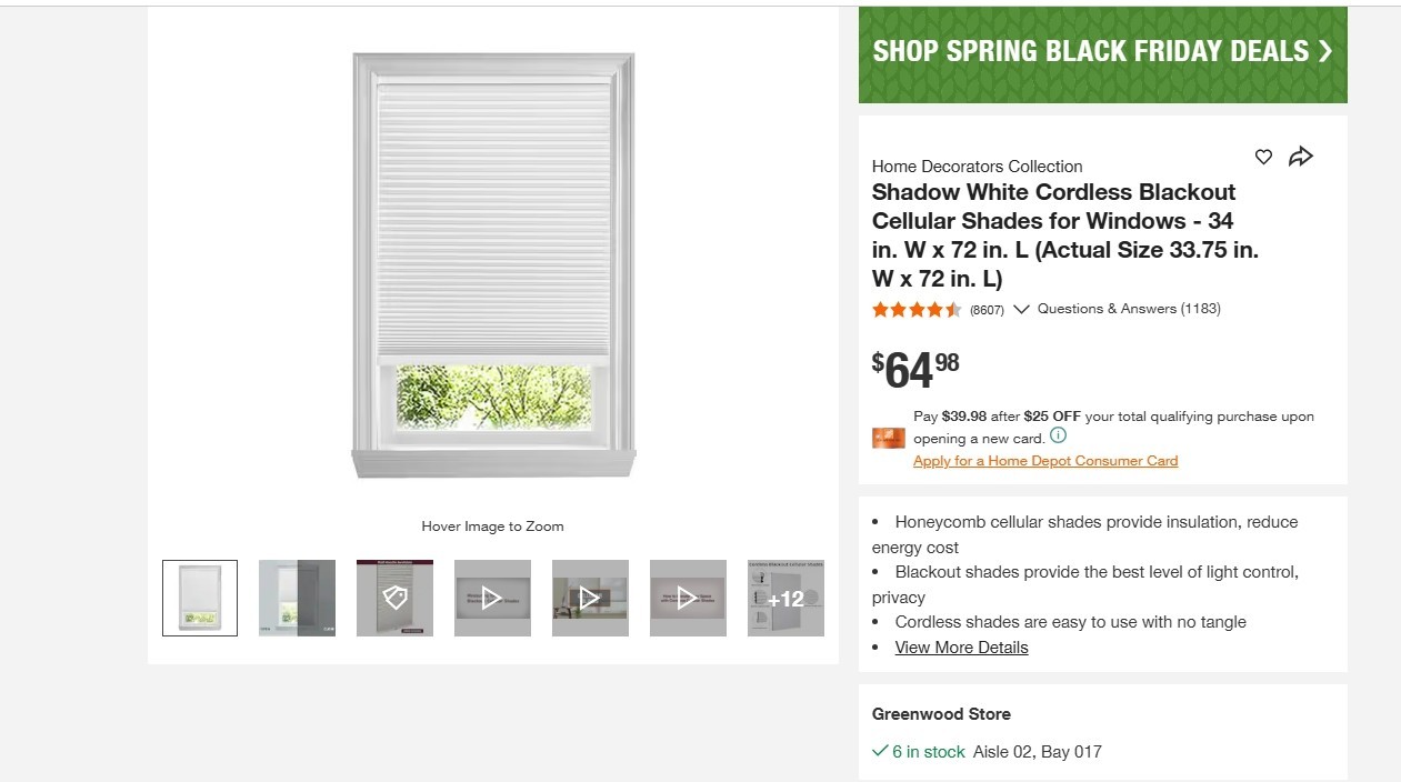 HOME DECORATORS’ CORDLESS CELLULAR SHADE SNOW DRIFT WHITE 34X72(ACTUAL33.625″)