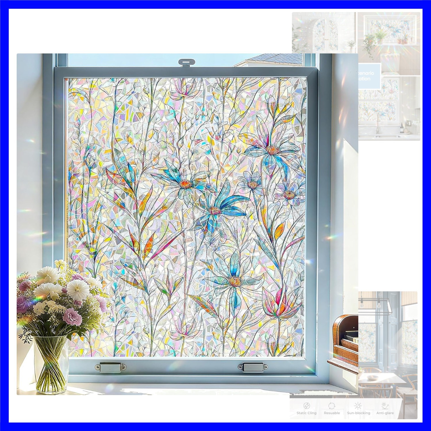 Window Privacy Film, Stained Glass Decorative Static Cling, Removable Laser S…