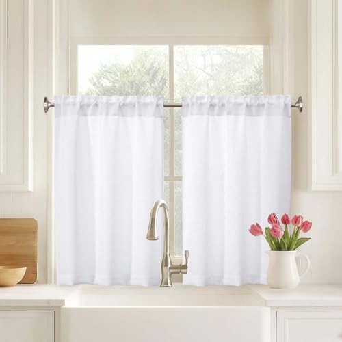Kitchen Curtains 36 Inch Length 2 Panels, Light 30″W x 36″L (Pack of 2) White