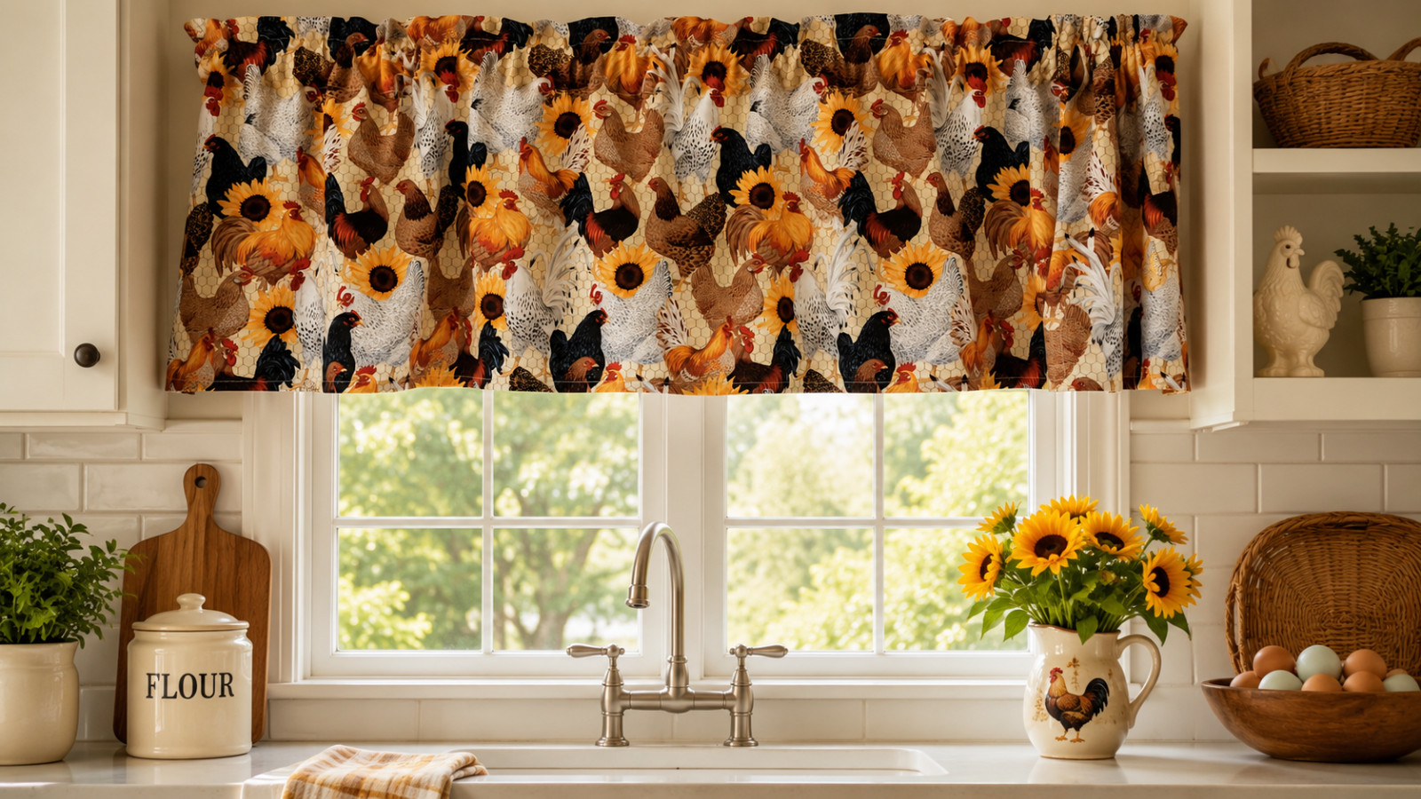 Farmhouse Chicken Valance, Rooster Sunflower Kitchen Curtain