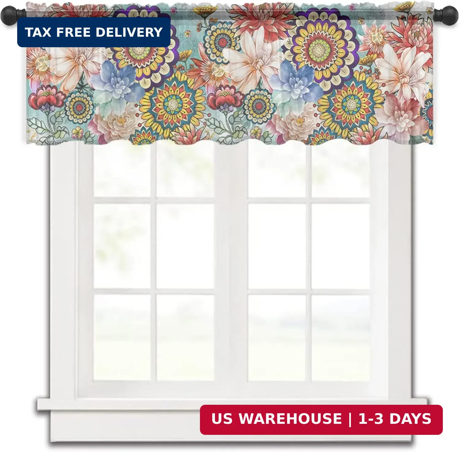 Boho Flowers Valance Curtains for Kitchen/Living Room/Bathroom/Bedroom Window, C