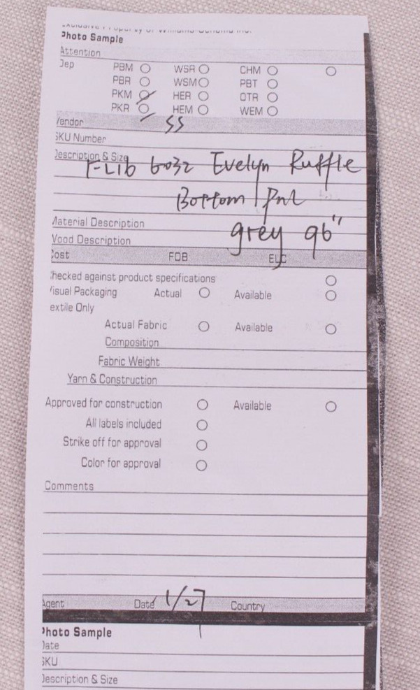 (1) Pottery Barn Evelyn Linen Ruffle bottom blackout curtain panel, 44×96, gray