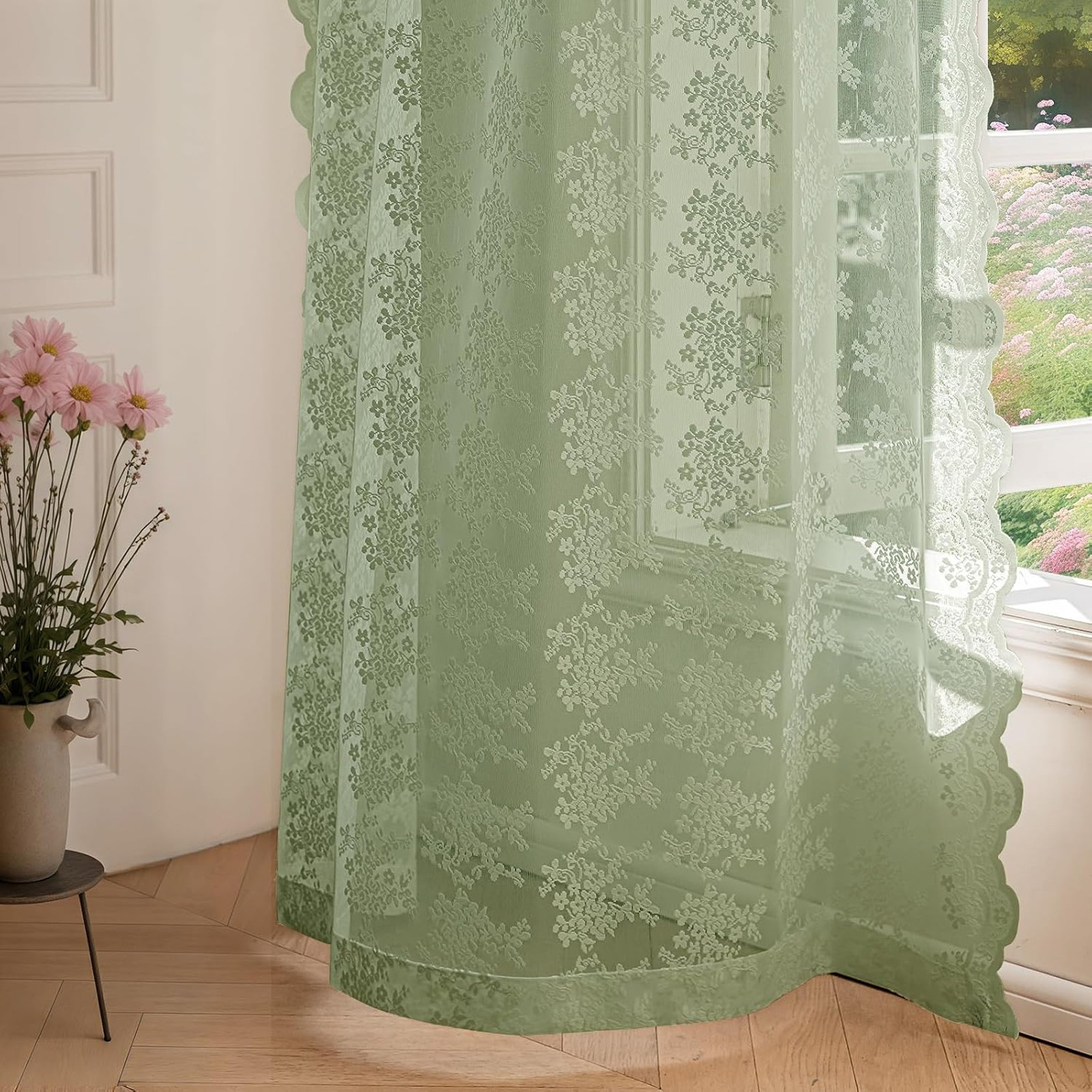 Vintage Sage Green Lace Curtains 63 Inch Long 2 Panel Set Light Filtering Semi