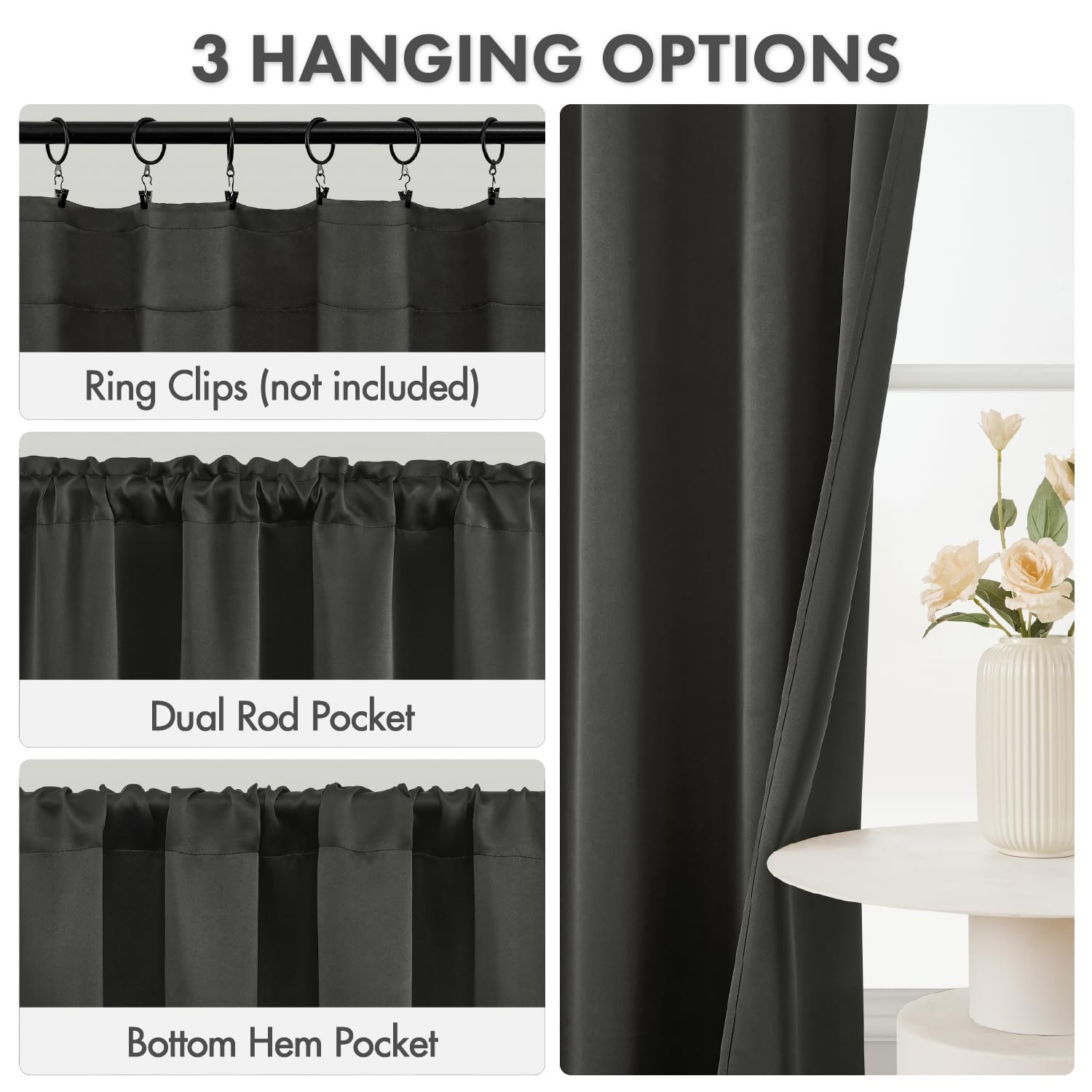 Blackout Curtains 4 Panels Sets Dark Grey 63 Inch Length, Top and Bottom Rod …