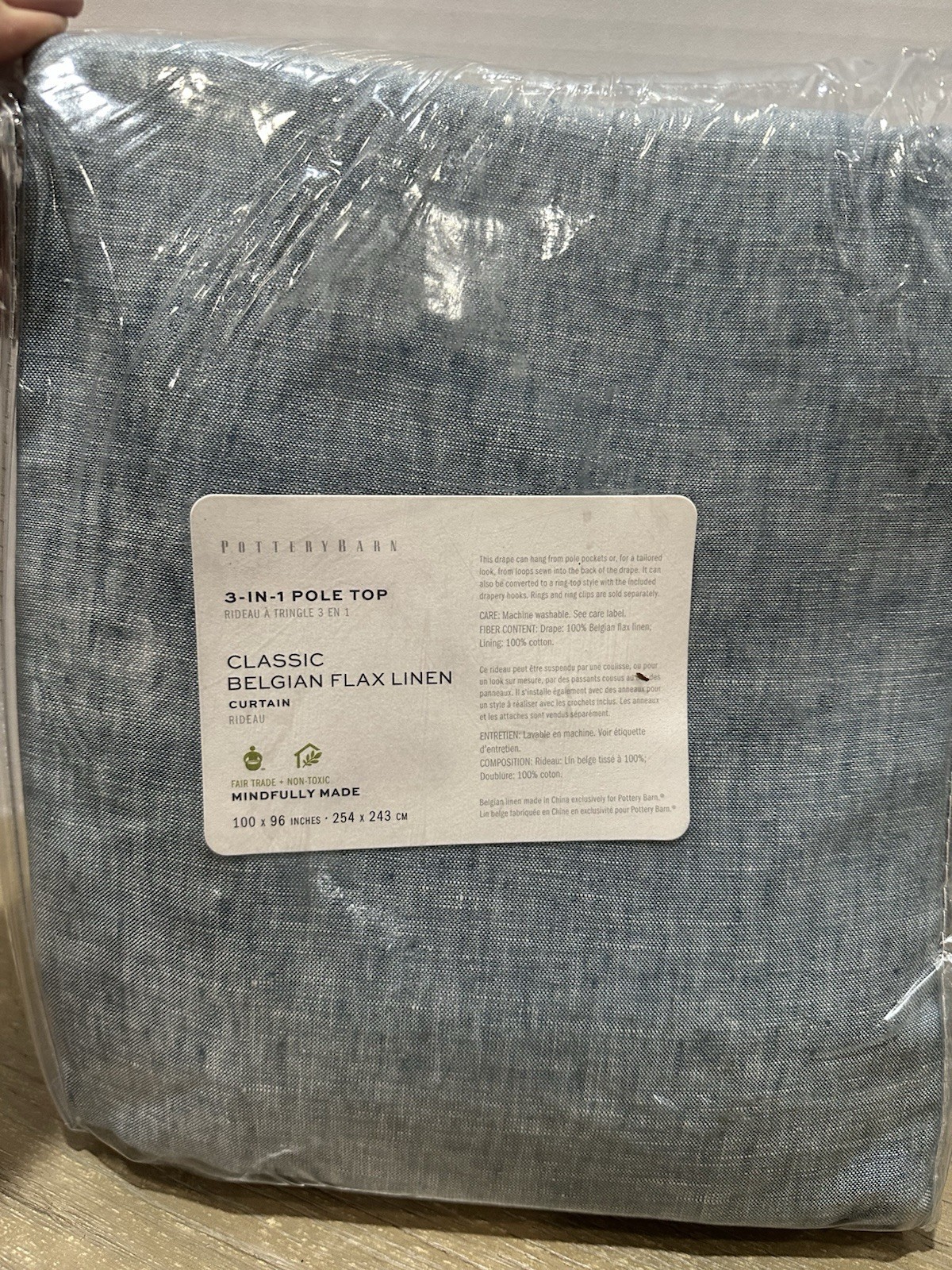 Pottery Barn Classic Belgian Flax Linen Drape ONE 100×96″ Chambray Blue
