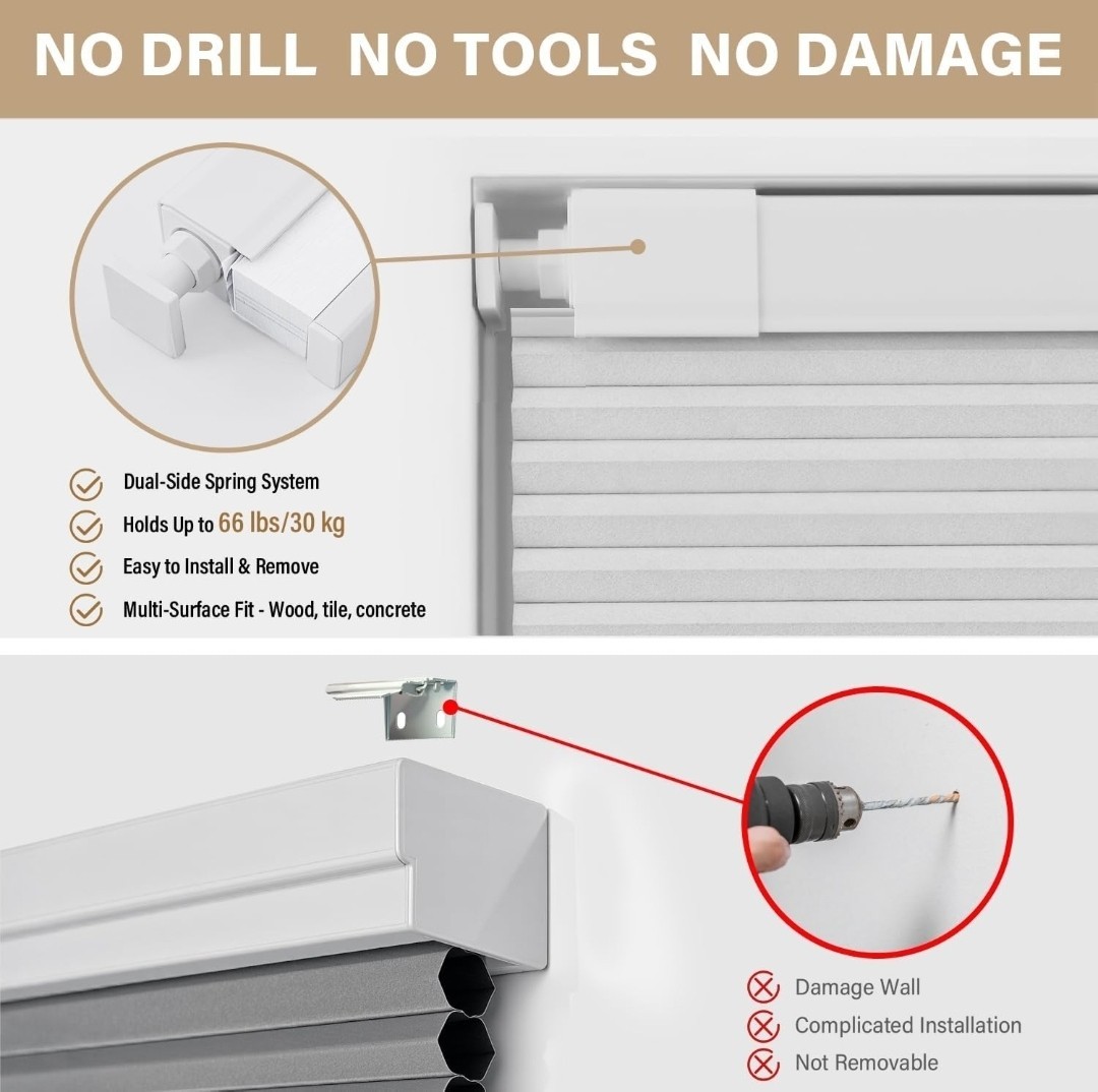 AOSKY No Tools No Drill Cordless Cellular Shade Blind for Indoor Window 67×64 In