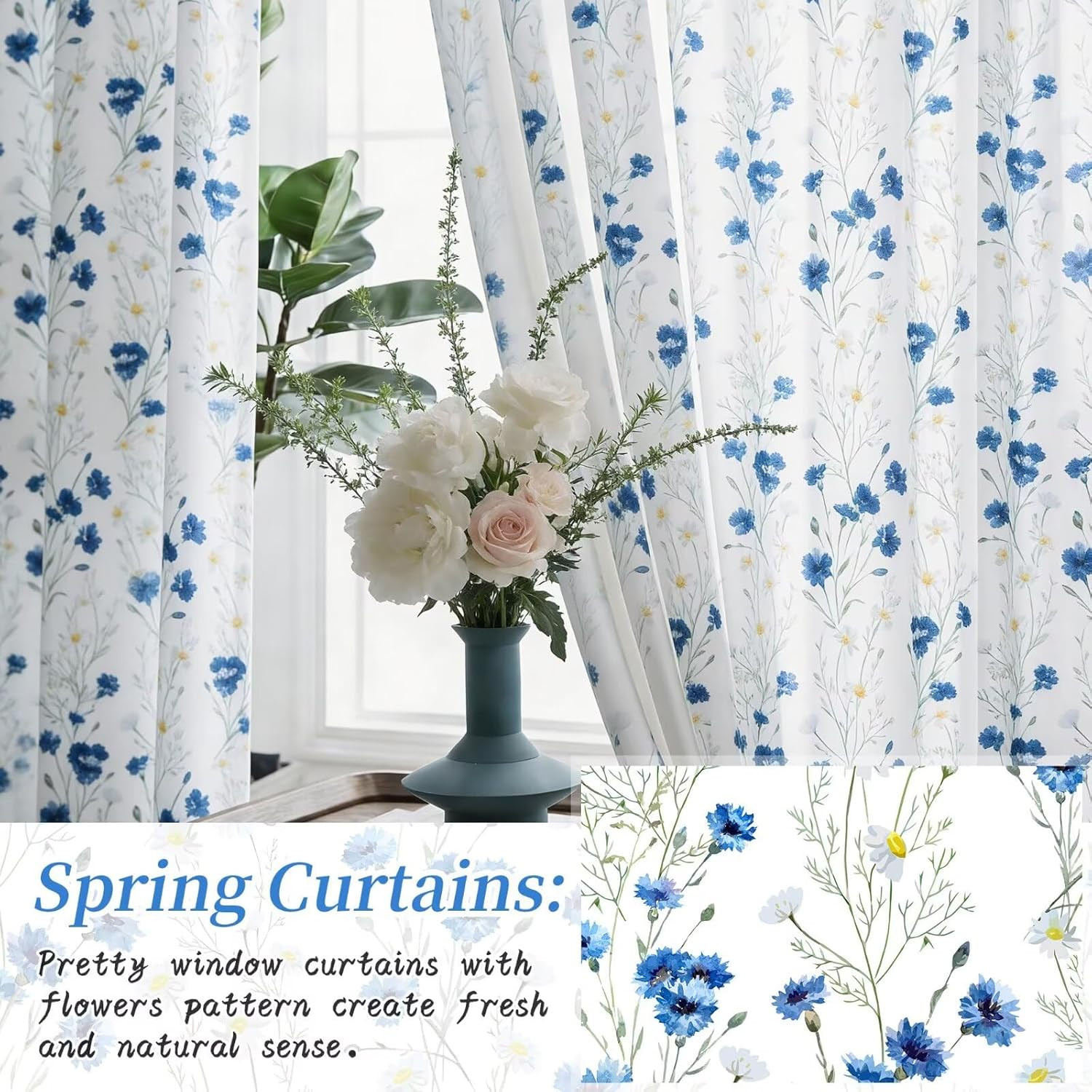 Blue White Floral Curtains 63 Inch 2 Panels Rod Pocket Light Filtering Drapes