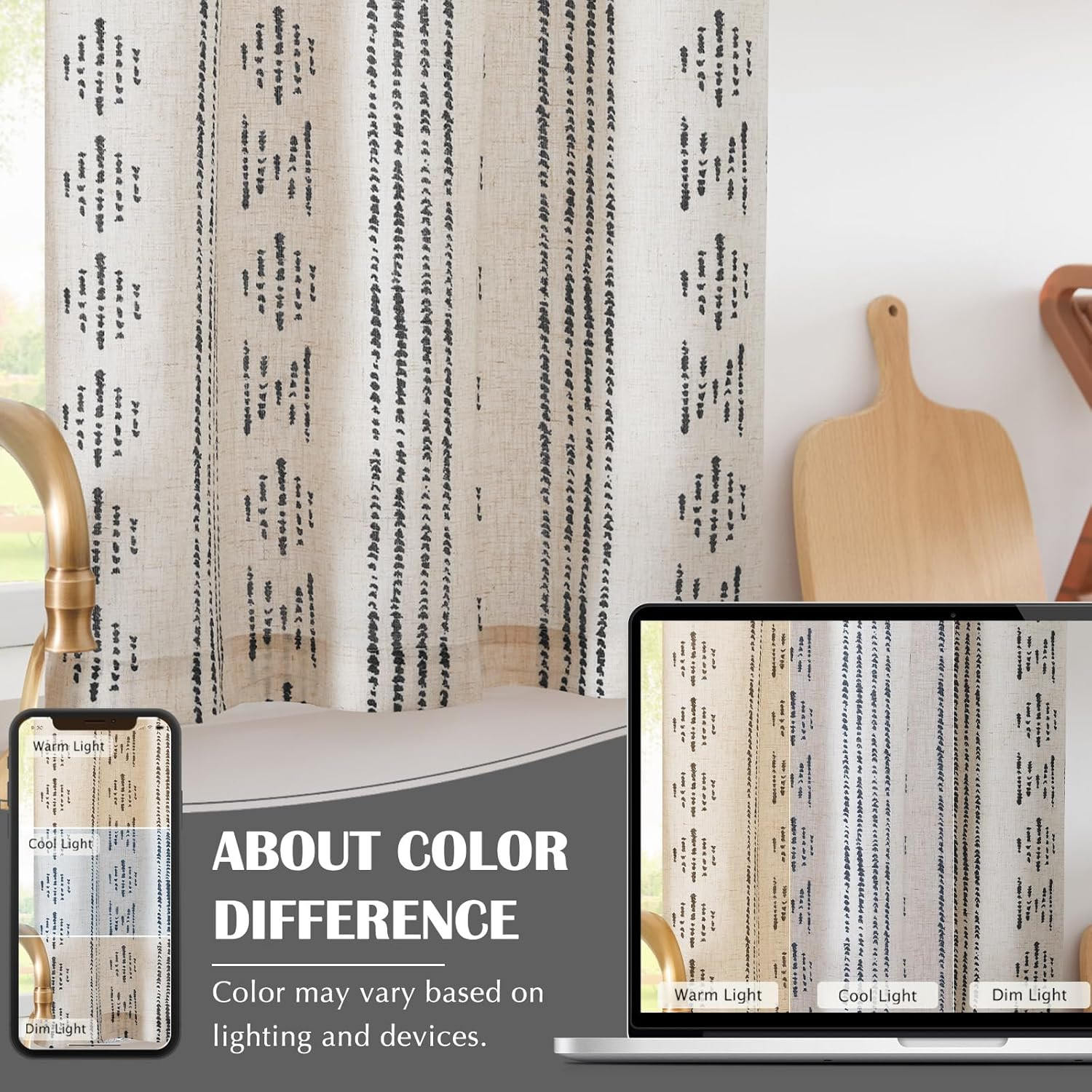 Boho Linen Kitchen Curtains 45 Inch Bohemian Geometric Striped Small Window Curt