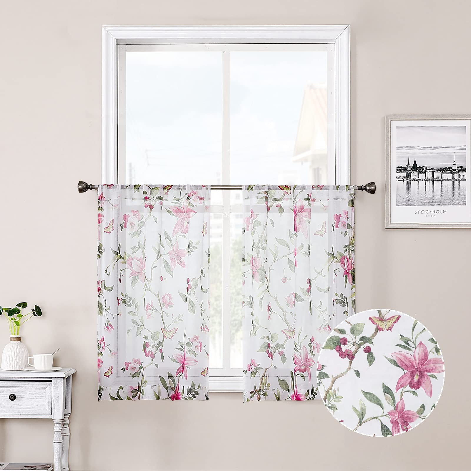 Tollpiz Floral Sheer Tier Curtain Pink Cherry Flower Butterfly Print Half Cur…