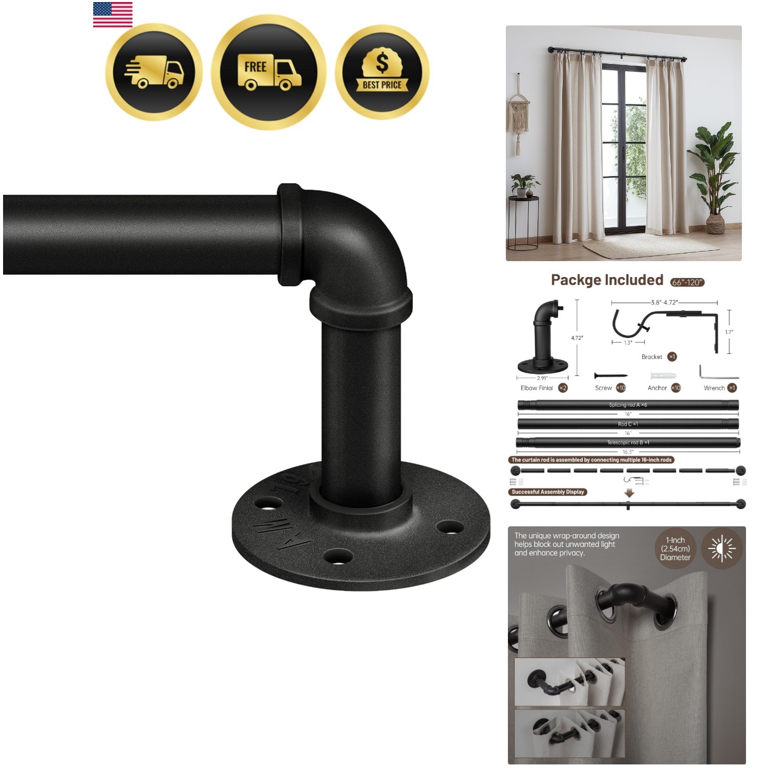 Curtain Rods for Windows 66 to 120, 1 Inch Industrial Wrap Around Black Curta…
