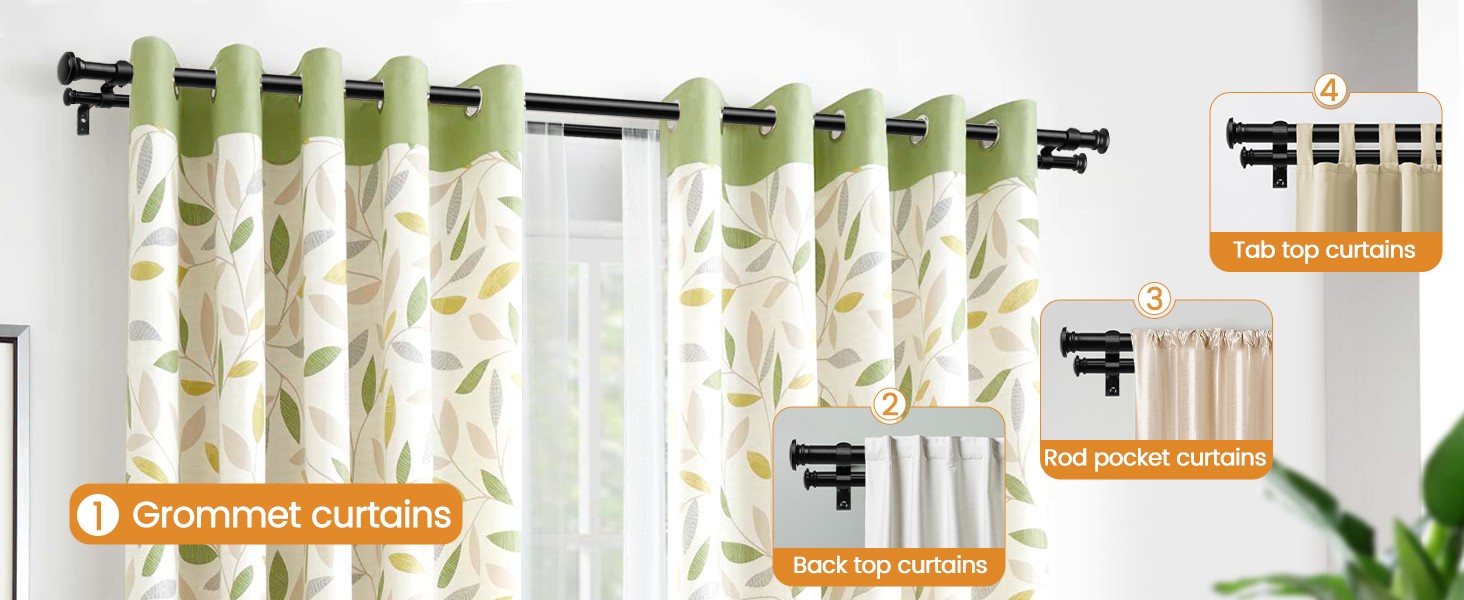1 Inch Double Curtain Rods 66 to 120 Inches (5.5 to 10ft), Heavy Duty Decorative