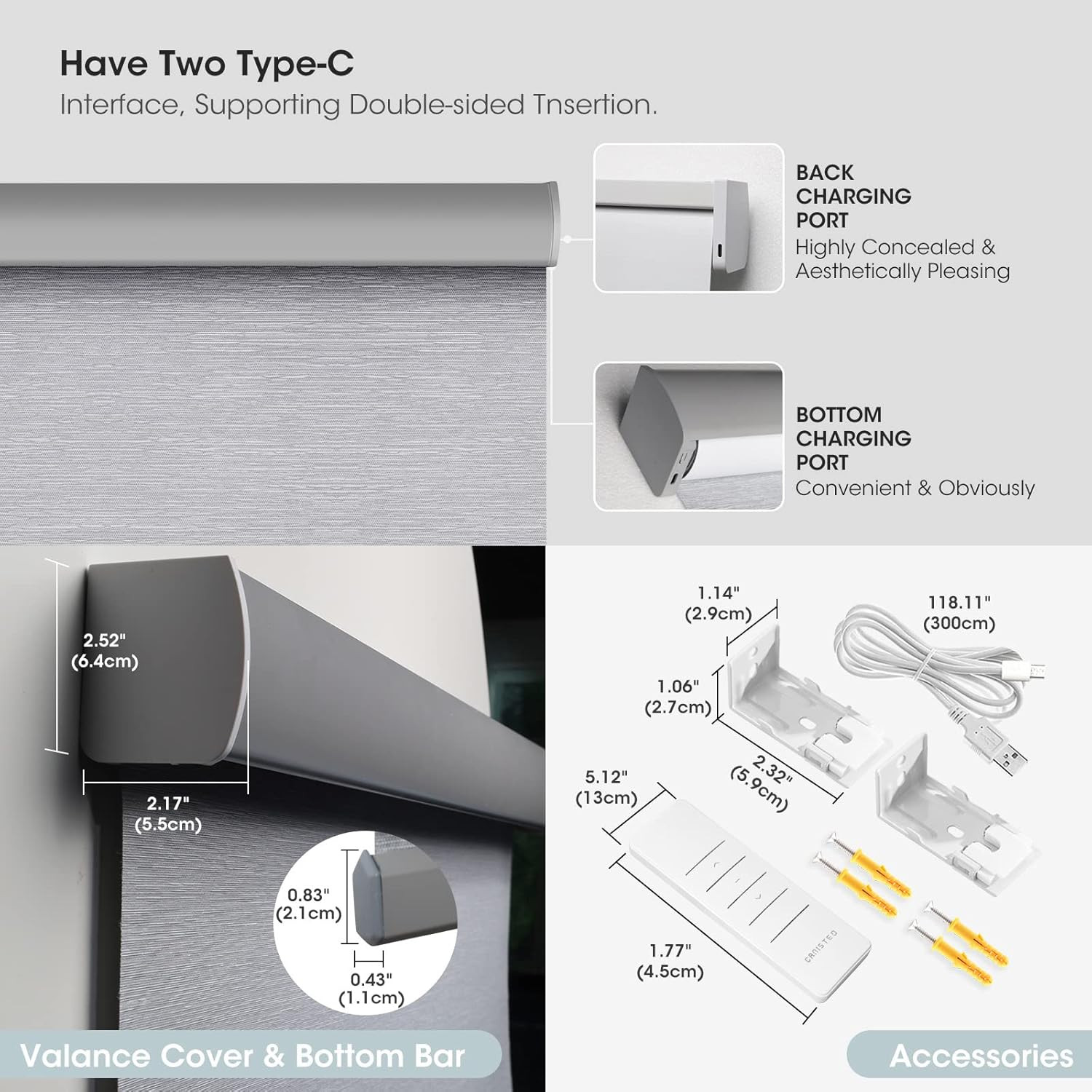 Remote Control Motorized Blackout Blinds – 35″ W x 72″ H, Grey