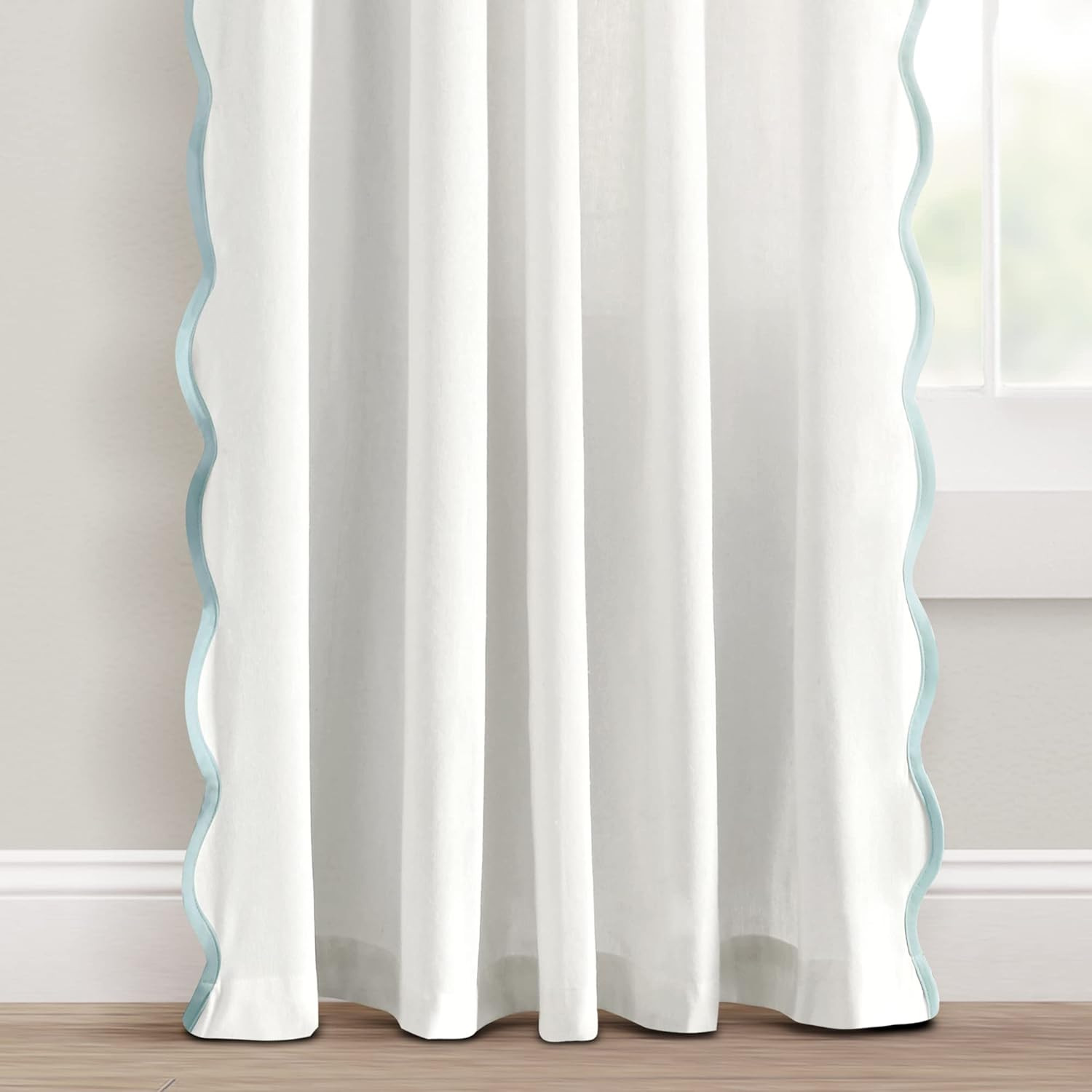 Coastal Chic Scalloped Window Curtain Panels 52″x95″ White & Blue Pair