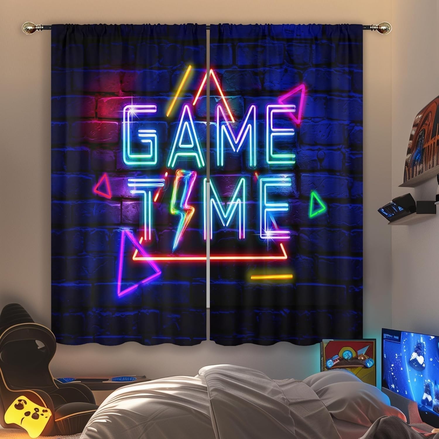 Kids Neon Gaming Curtains for Boys Bedroom 42Wx63H Inch Rod Pocket Gamer Vide…