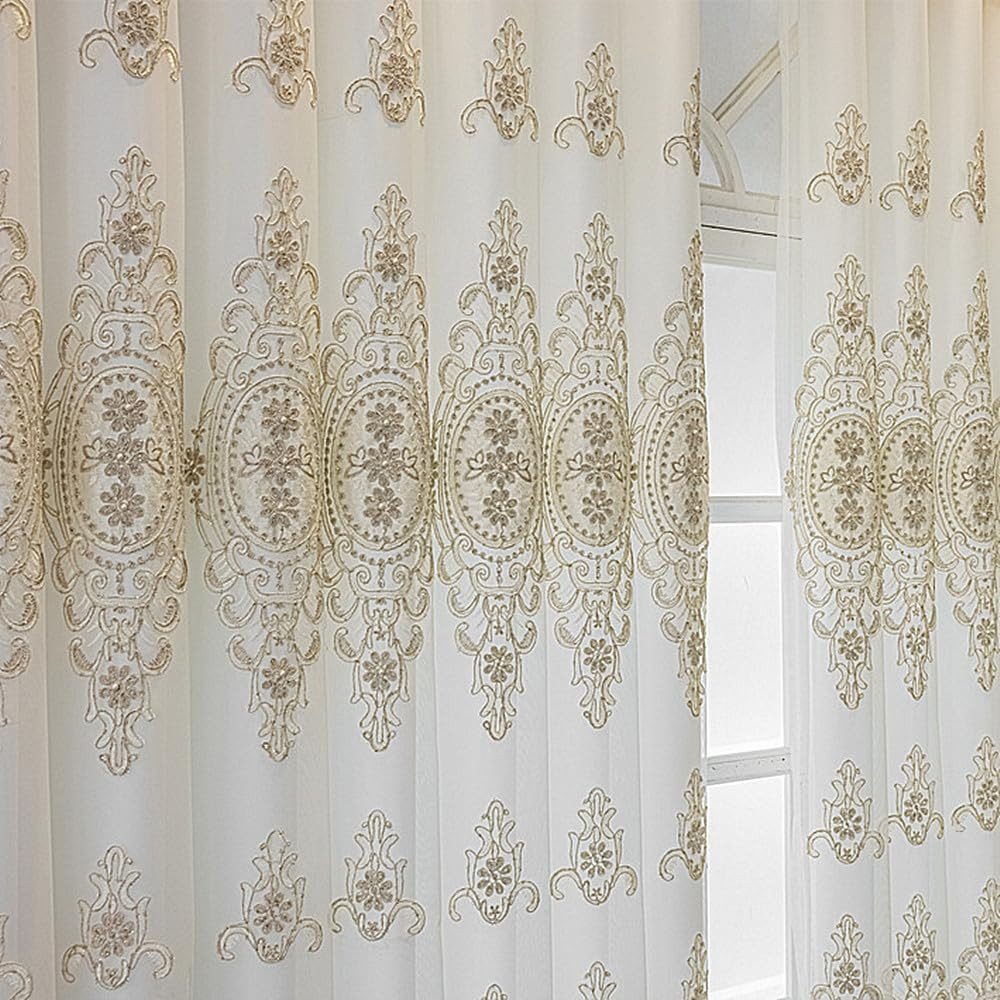 Luxury 3D Flower Embroidered Double Layer Curtains with Valances, White 51×102