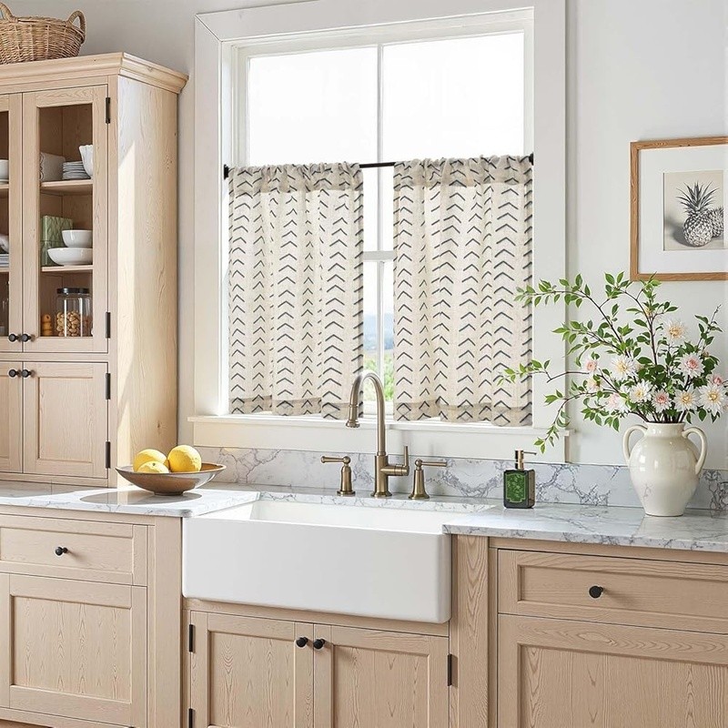 Boho Herringbone Kitchen Curtains Light Filtering Privacy Panels Linen Blend New