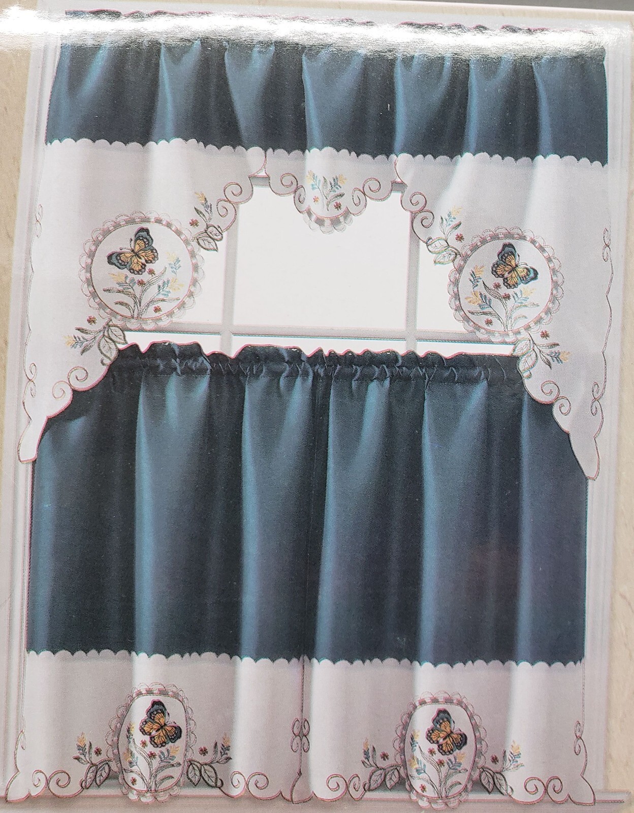 3pc. Embroidery Curtains Set:2 Tiers & Swag (60″x36″) BUTTERFLIES, blue, AL
