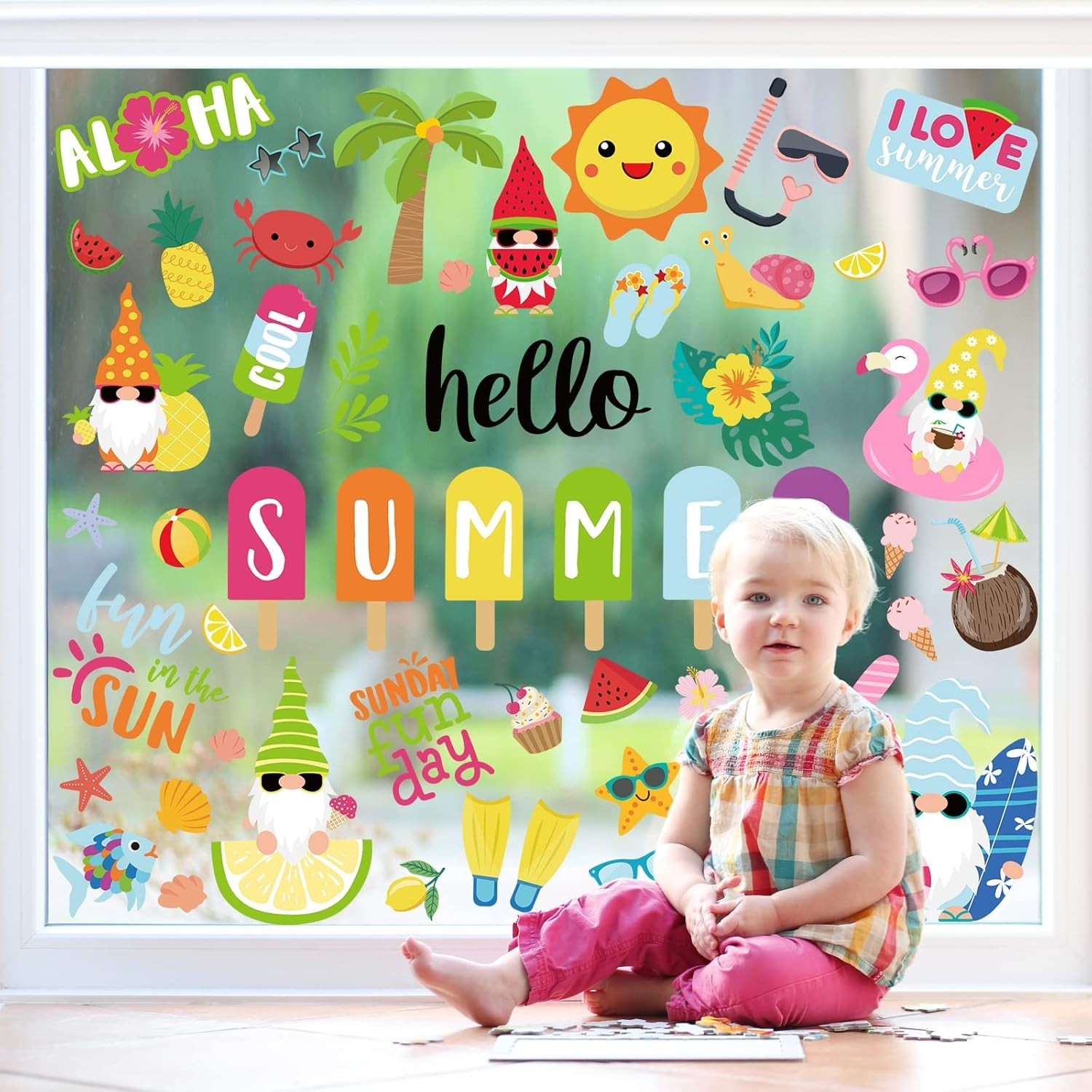 9 Sheets Summer Window Clings Cartoon Gnome Ice Lolly Prints Double-Sided Win…