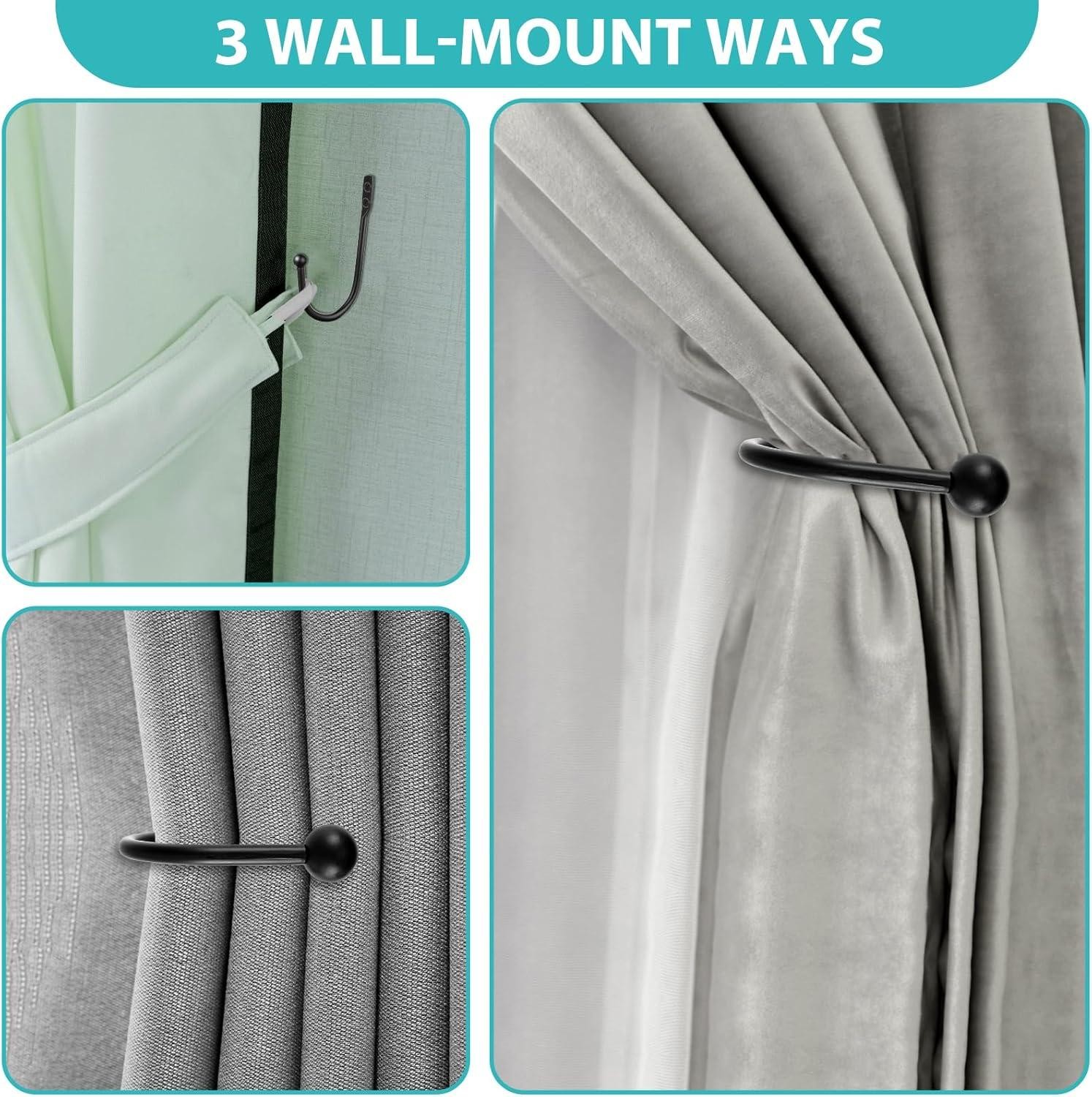 8 Pcs Black Metal U Shaped Curtain Pull Backs – Wall Mounted Curtain Hooks with