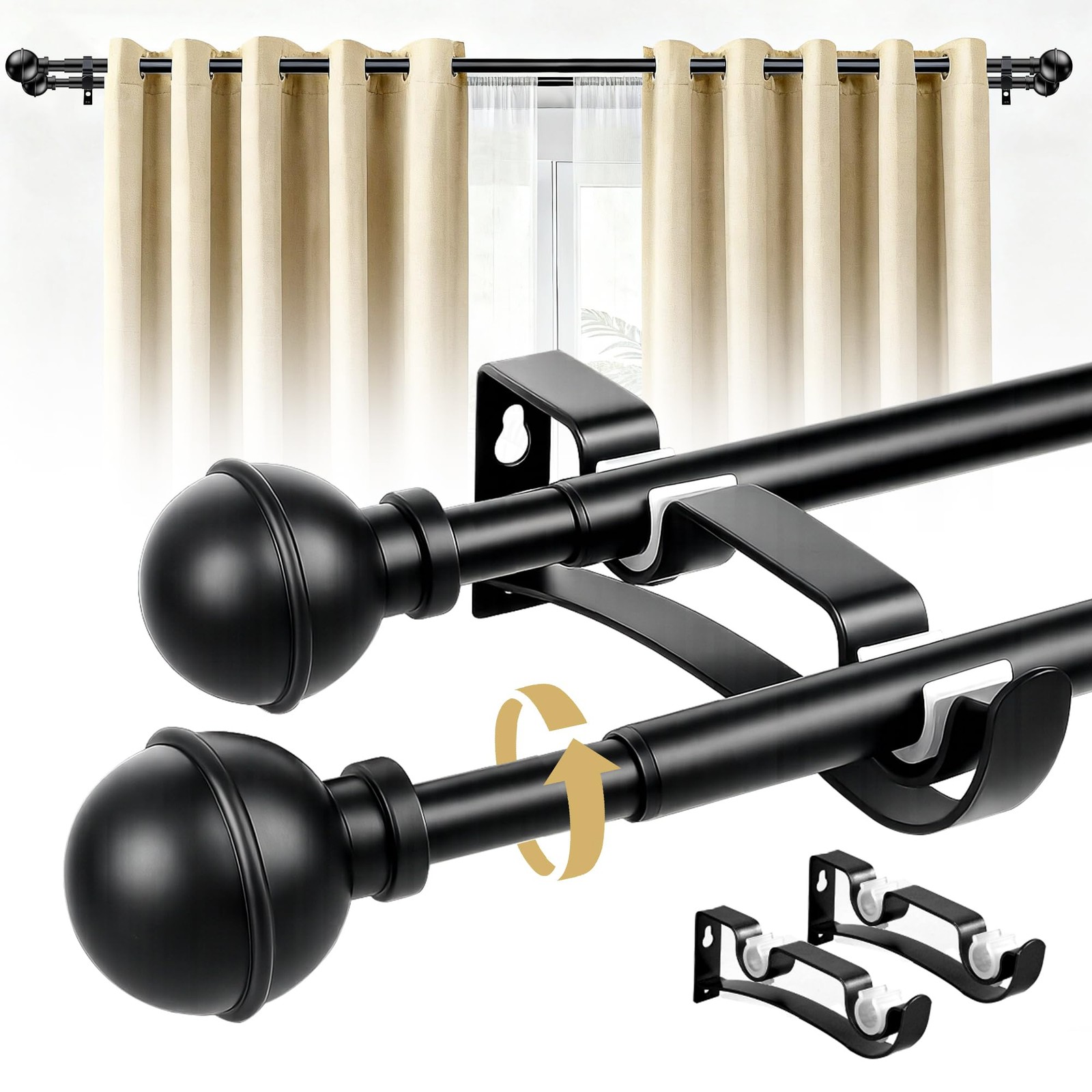 Adjustable Double Curtain Rods Windows 30 To 57 Inch 5/8 Inch Dia Black