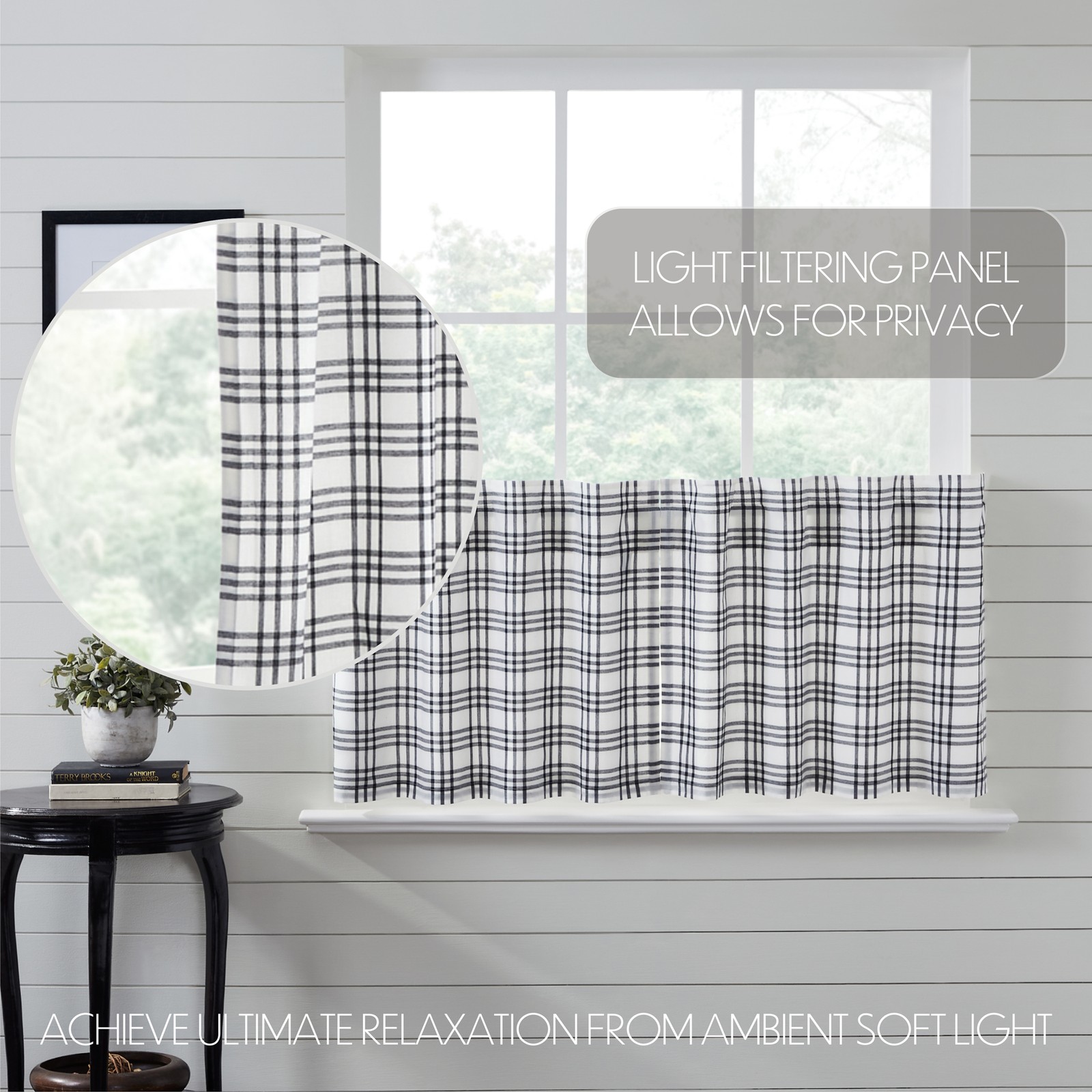 VHC Brands Farmhouse 24″x36″ Tier Pair Black Rod Pocket Kitchen Window Curtains