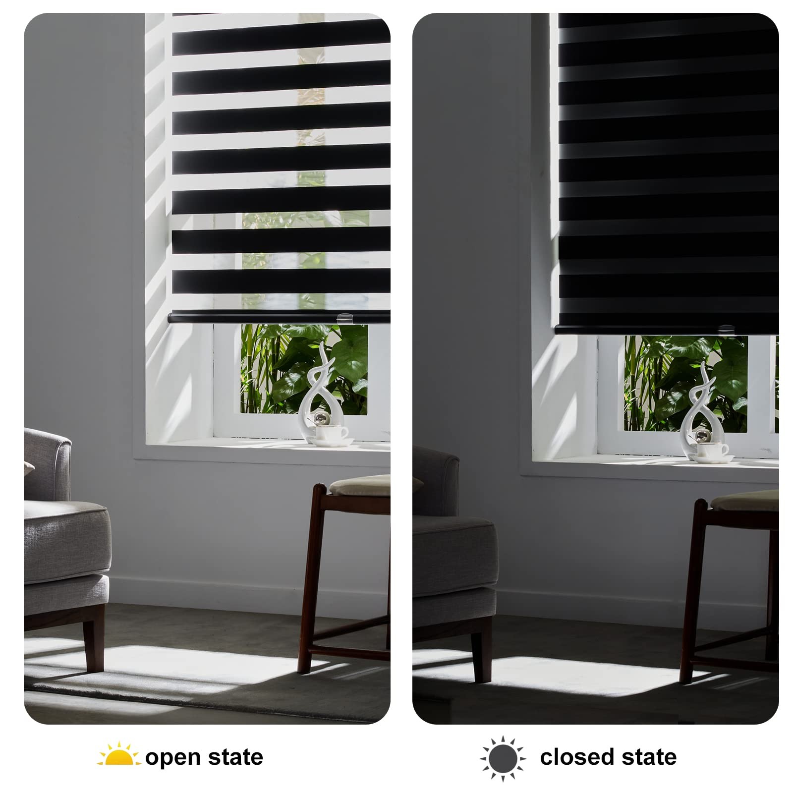 Cordless Zebra Blinds for Windows (34″ W X 64″ H, Black) Free-Stop Windows Sh…